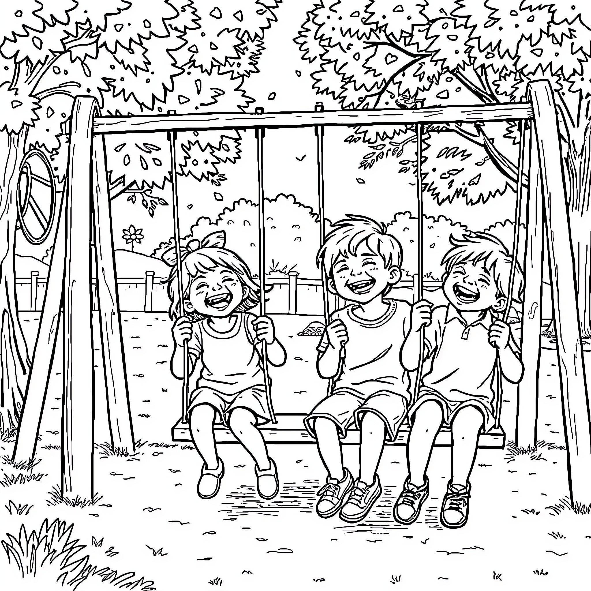 Children laughing and playing on a swing set Coloring Page (free black-and-white line drawing printable PDF for all, from beginners to advanced learners, including children, teens, adults, and seniors)