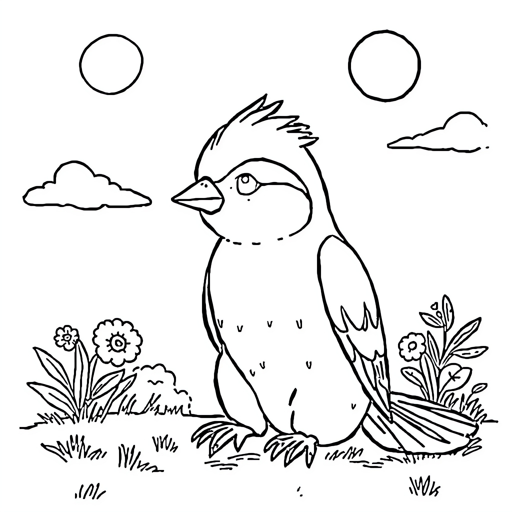 Kokachi's Playful Feathered Friend Coloring Page (free black-and-white line drawing printable PDF for all, from beginners to advanced learners, including children, teens, adults, and seniors)