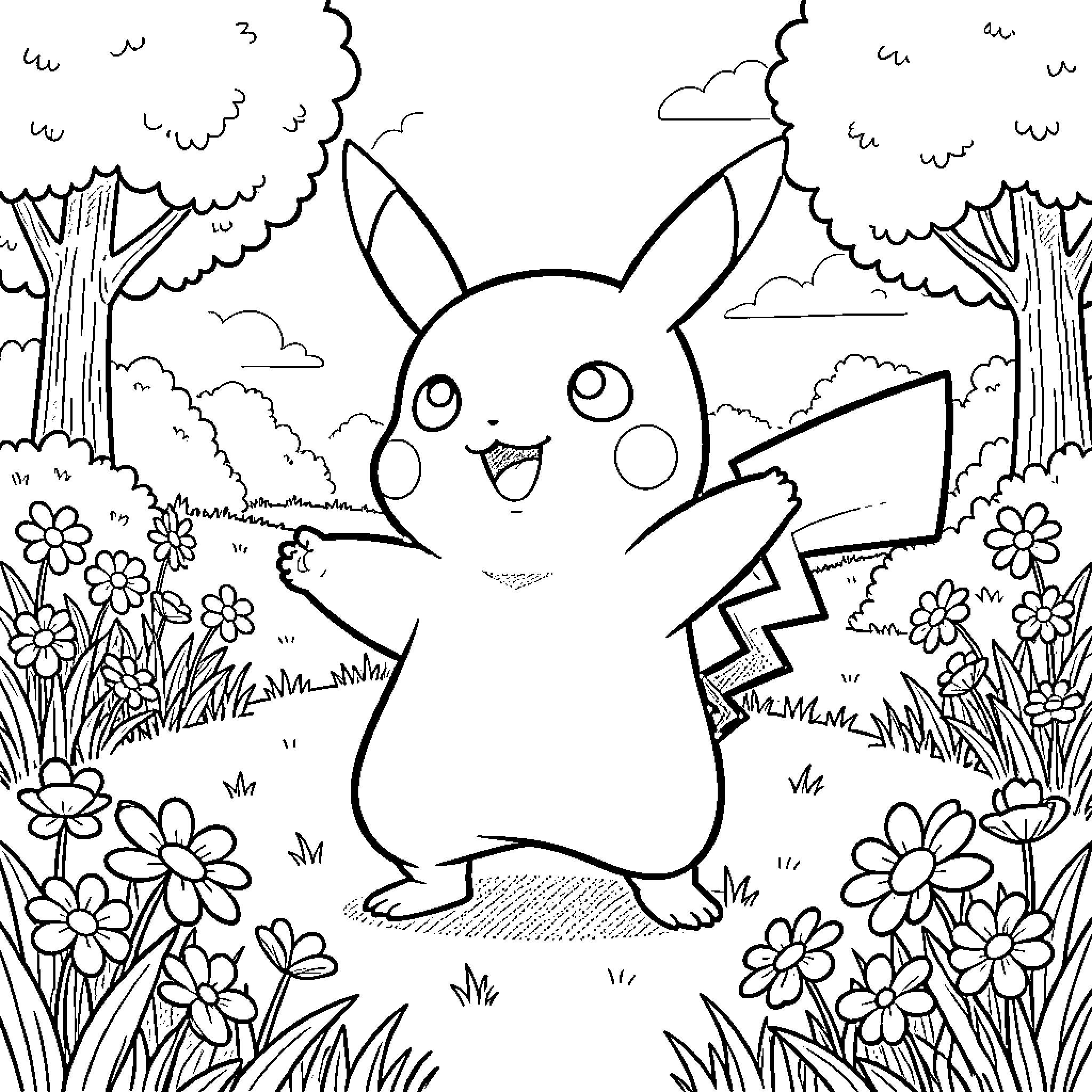 Pikachu enjoying nature in a whimsical scene Coloring Page (free black-and-white line drawing printable PDF for all, from beginners to advanced learners, including children, teens, adults, and seniors)