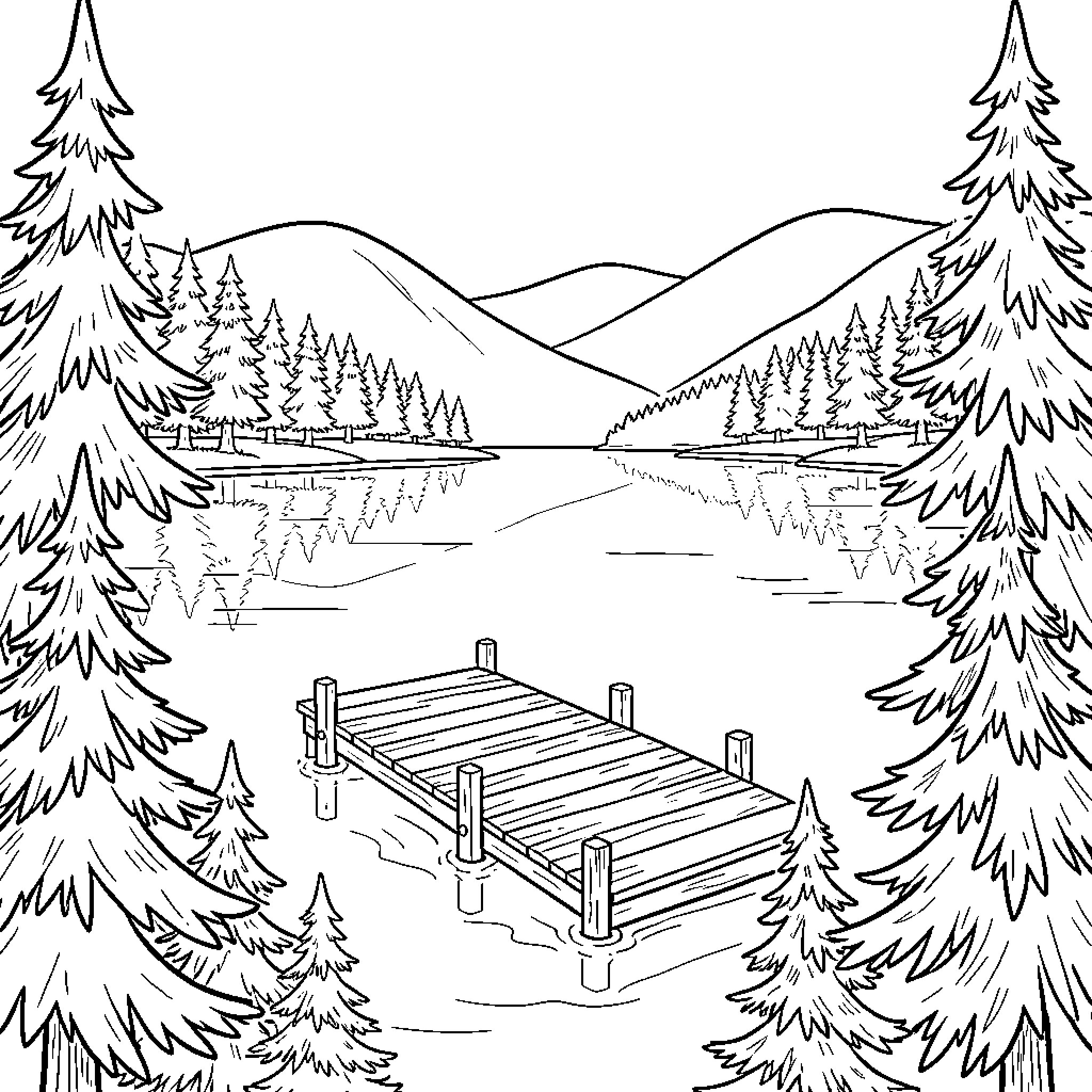 Dock in serene forested landscape Coloring Page (free black-and-white line drawing printable PDF for all, from beginners to advanced learners, including children, teens, adults, and seniors)