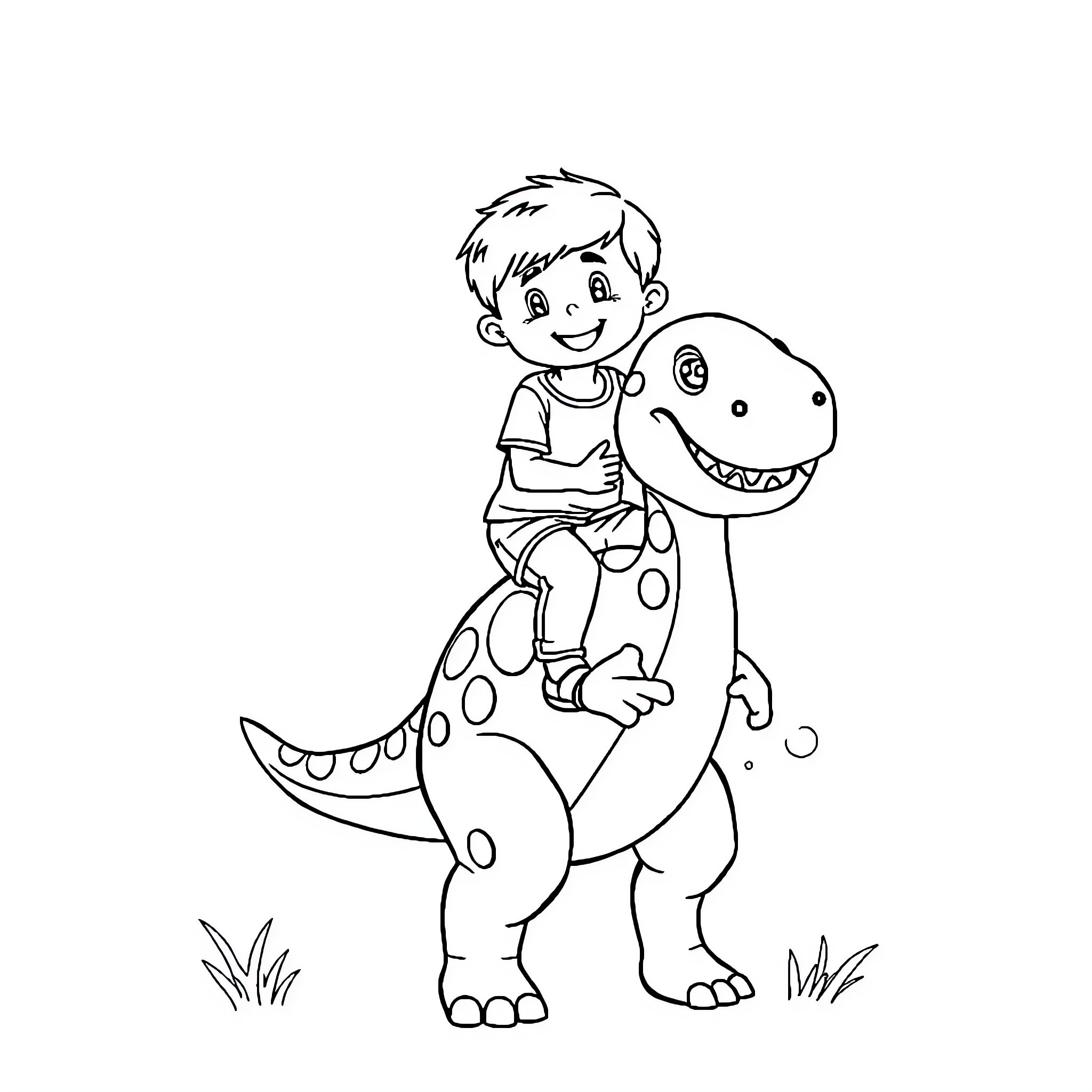 Boy riding a friendly dinosaur Coloring Page (free black-and-white line drawing printable PDF for all, from beginners to advanced learners, including children, teens, adults, and seniors)
