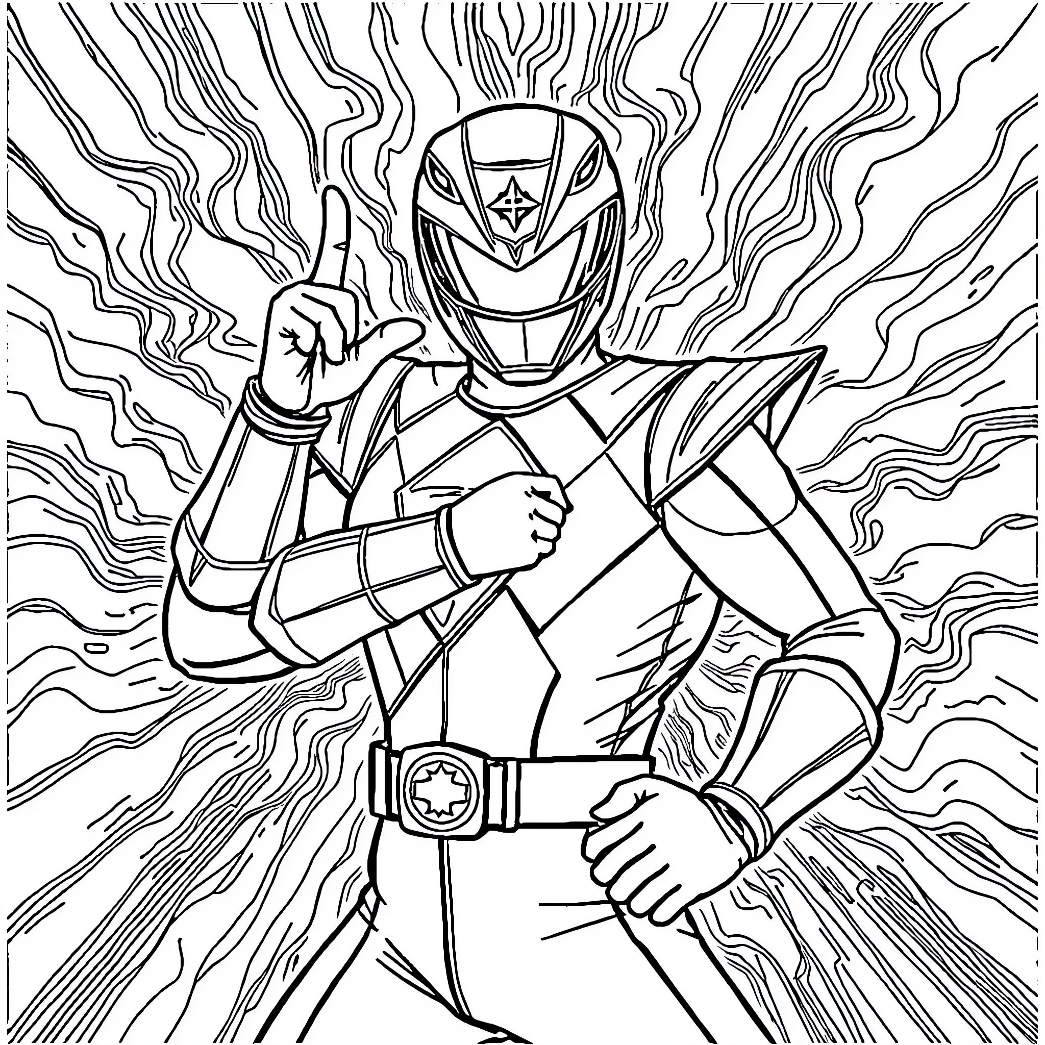 Power Ranger Striking Heroic Pose in Dramatic Scene Coloring Page (free black-and-white line drawing printable PDF for all, from beginners to advanced learners, including children, teens, adults, and seniors)