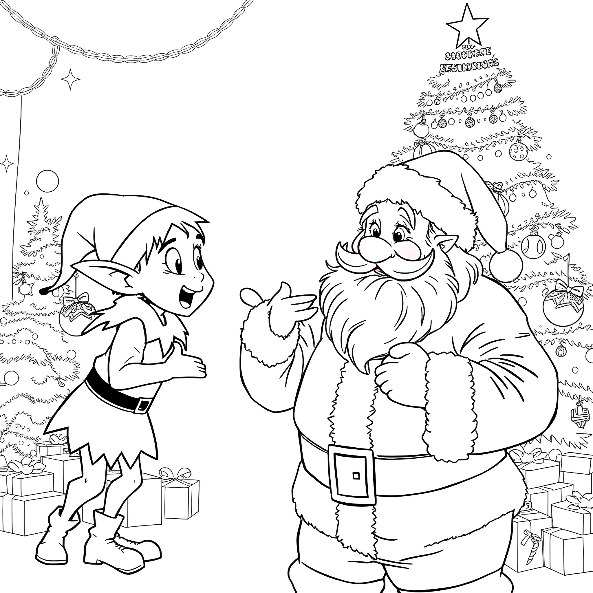 Elf and Santa Claus Celebrating Christmas Coloring Page (free black-and-white line drawing printable PDF for all, from beginners to advanced learners, including children, teens, adults, and seniors)