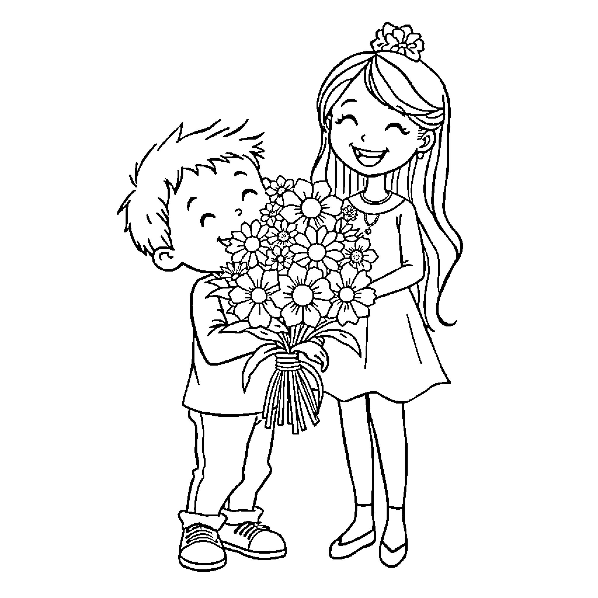 Kid giving flowers to smiling girl Coloring Page (free black-and-white line drawing printable PDF for all, from beginners to advanced learners, including children, teens, adults, and seniors)