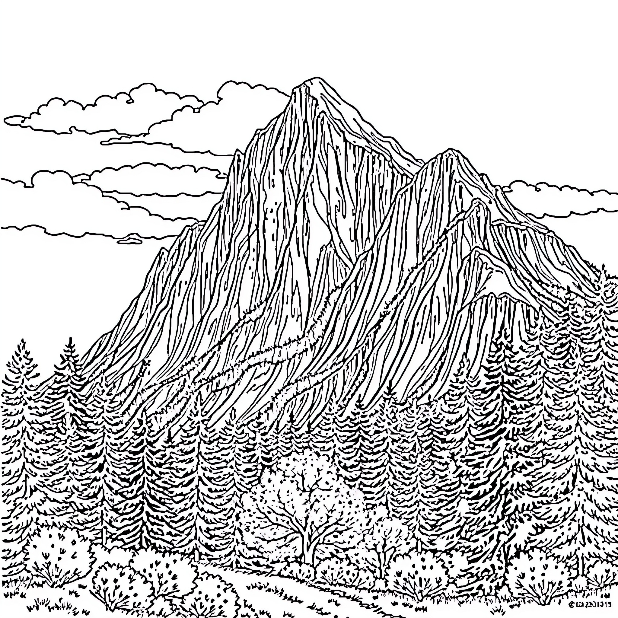 Mountain landscape with pine trees and clouds Coloring Page (free black-and-white line drawing printable PDF for all, from beginners to advanced learners, including children, teens, adults, and seniors)