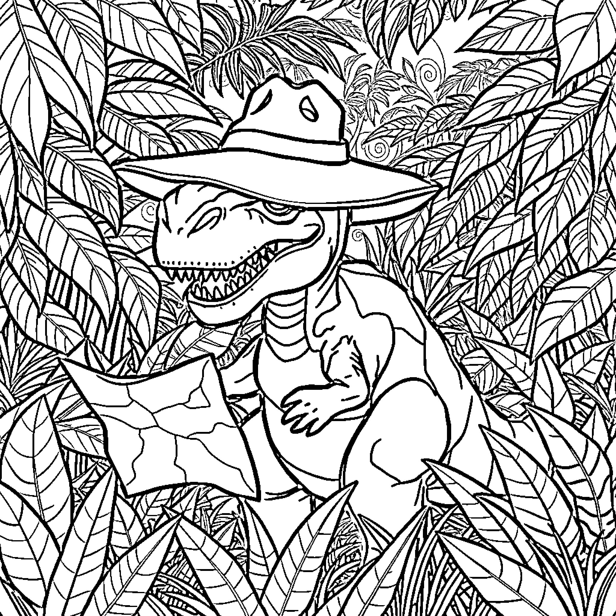 Dinosaur Explorer in the Jungle Coloring Page (free black-and-white line drawing printable PDF for all, from beginners to advanced learners, including children, teens, adults, and seniors)