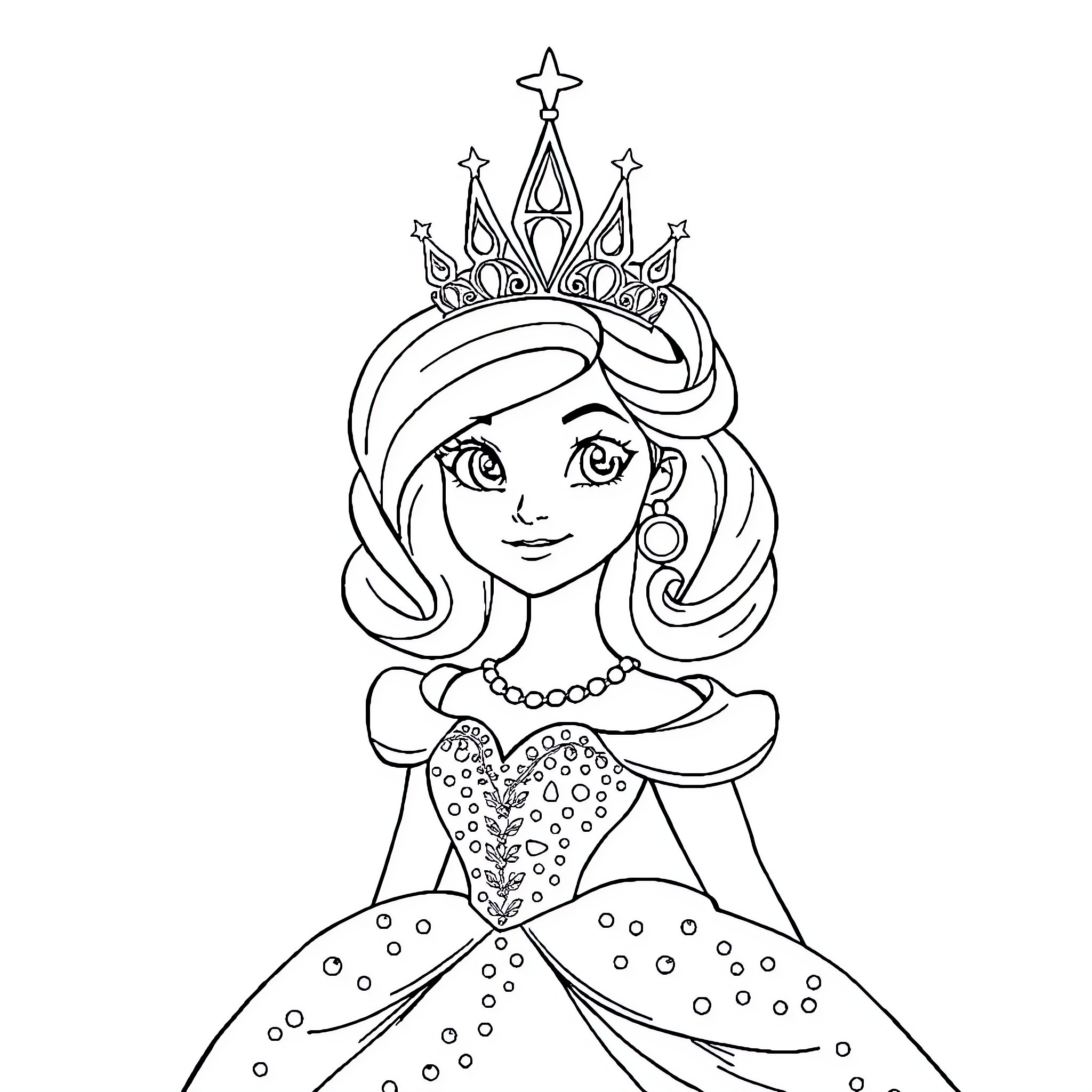 Princess in Elegant Dress and Crown Coloring Page (free black-and-white line drawing printable PDF for all, from beginners to advanced learners, including children, teens, adults, and seniors)