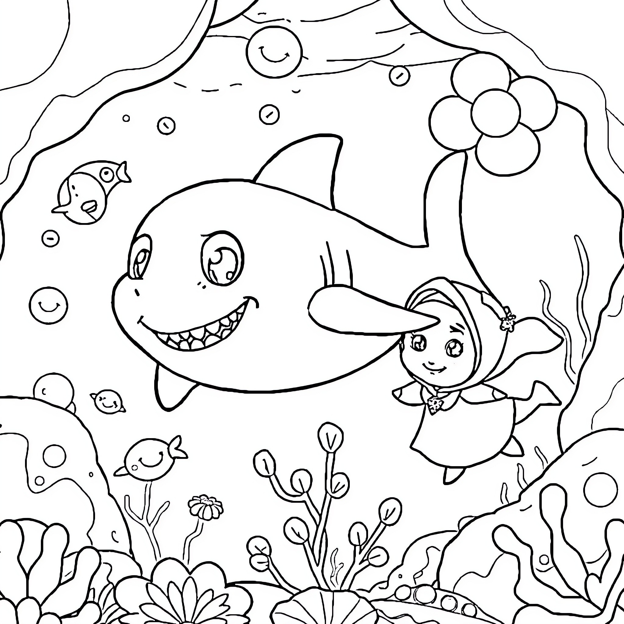 Baby Shark playing happily with mermaid in the ocean Coloring Page (free black-and-white line drawing printable PDF for all, from beginners to advanced learners, including children, teens, adults, and seniors)