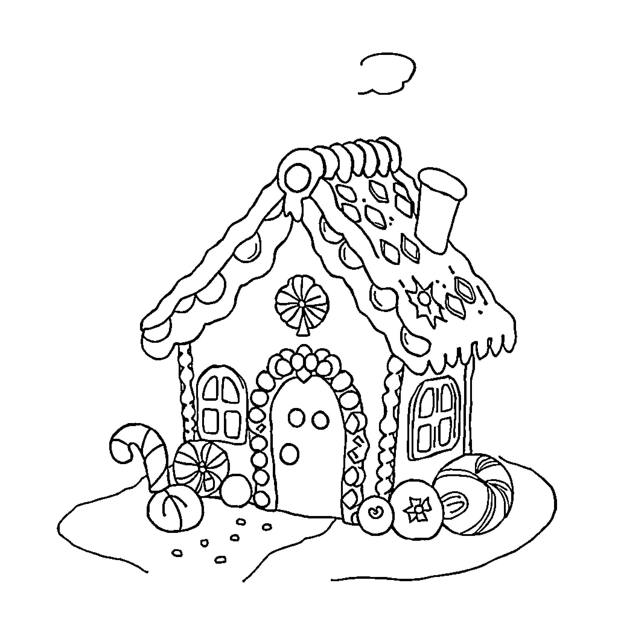 Gingerbread House with Whimsical Decorations Coloring Page (free black-and-white line drawing printable PDF for all, from beginners to advanced learners, including children, teens, adults, and seniors)
