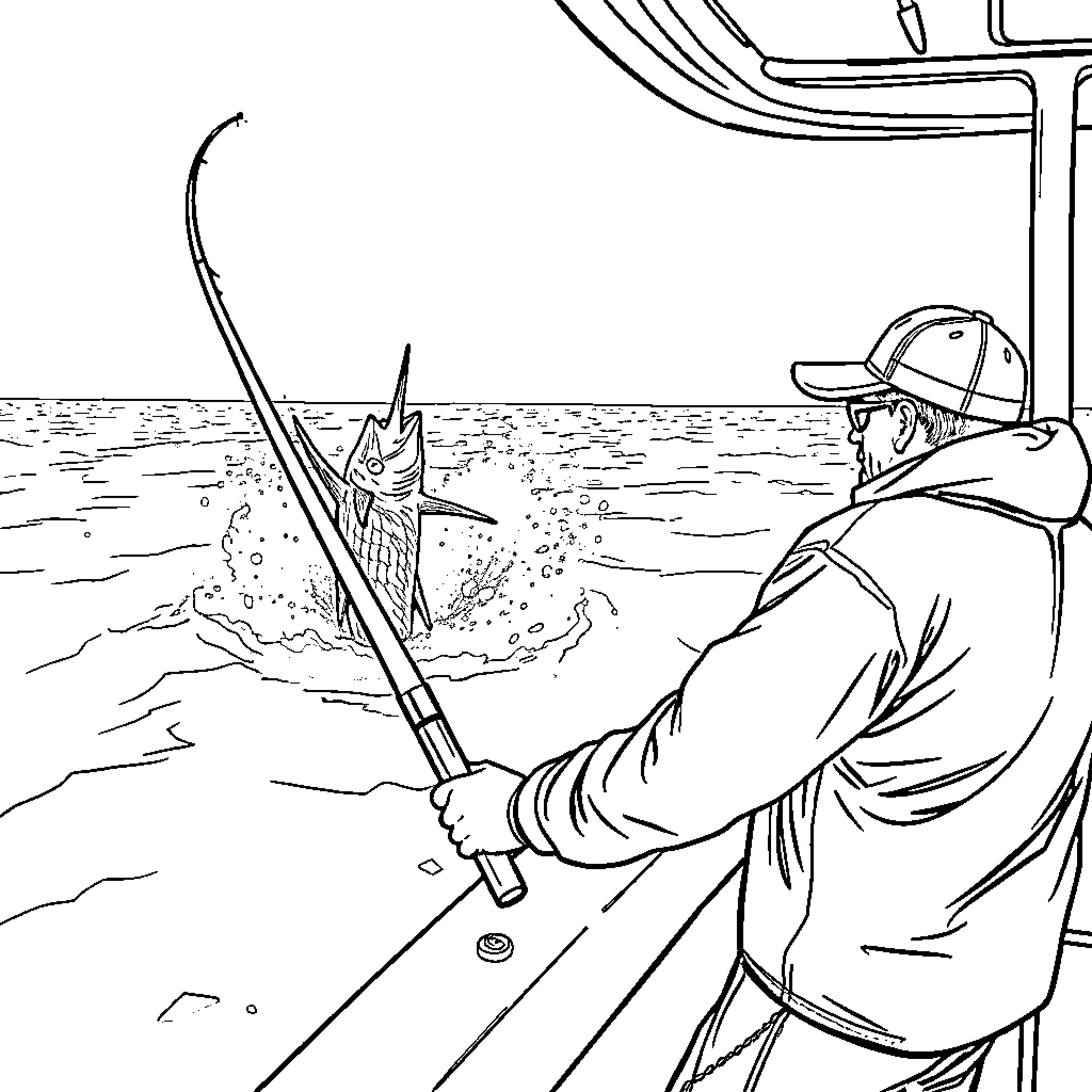 Marlin fishing adventure on the open sea Coloring Page (free black-and-white line drawing printable PDF for all, from beginners to advanced learners, including children, teens, adults, and seniors)
