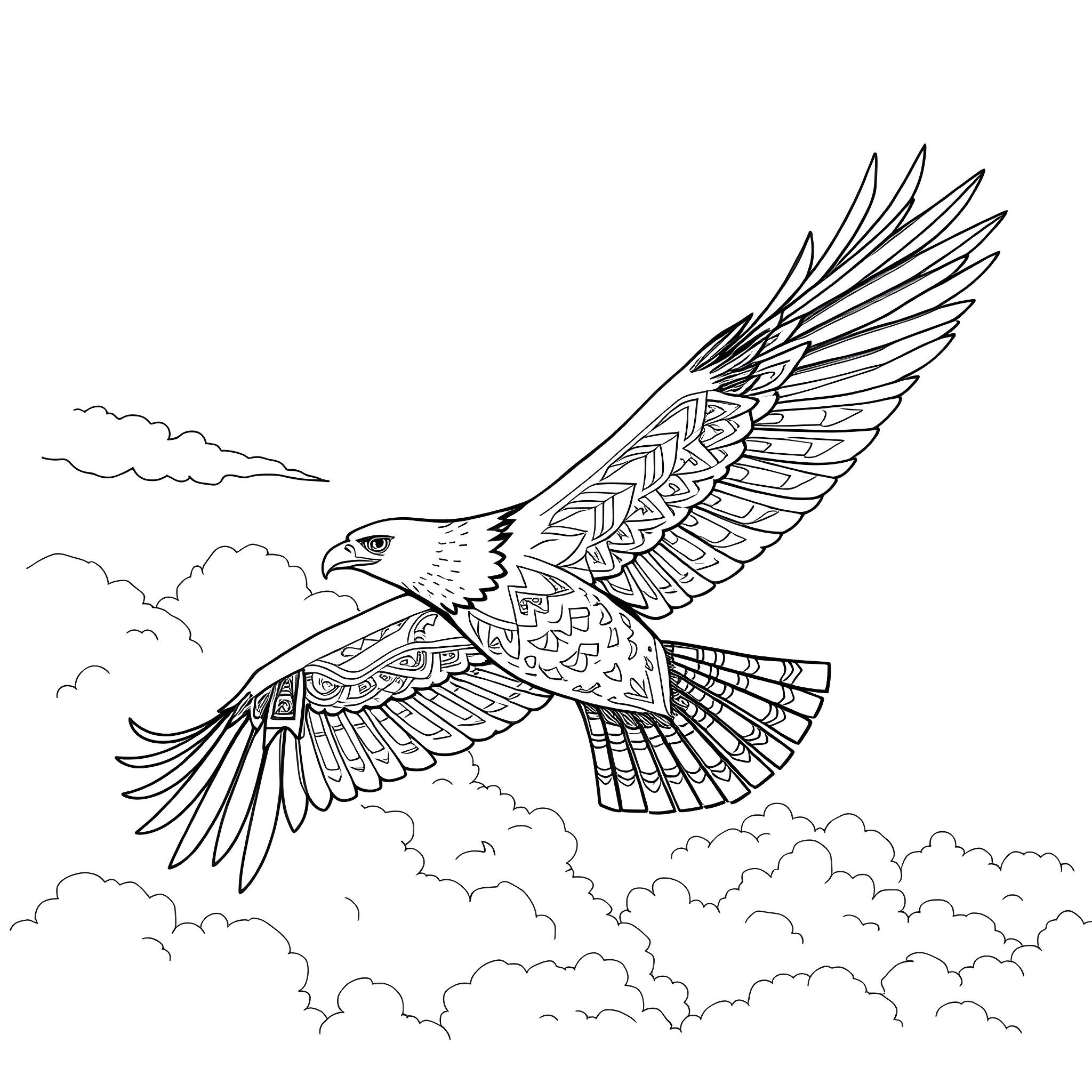 Eagle soaring gracefully in the clouds Coloring Page (free black-and-white line drawing printable PDF for all, from beginners to advanced learners, including children, teens, adults, and seniors)