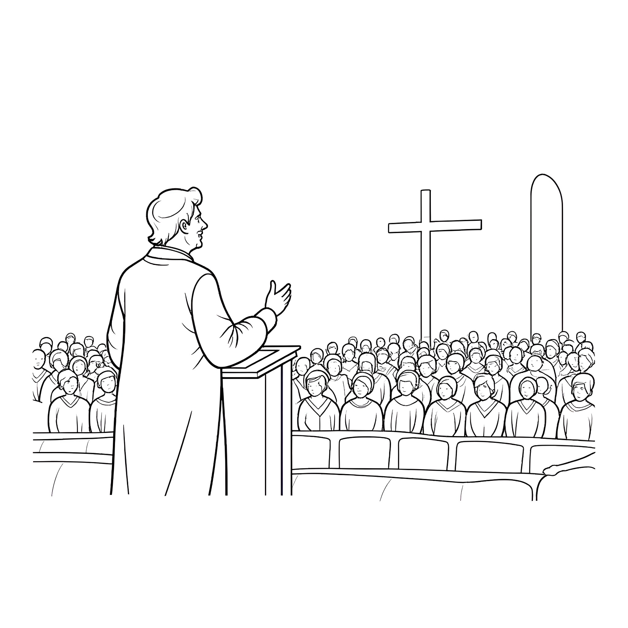 Dad preaching to a congregation in church Coloring Page (free black-and-white line drawing printable PDF for all, from beginners to advanced learners, including children, teens, adults, and seniors)