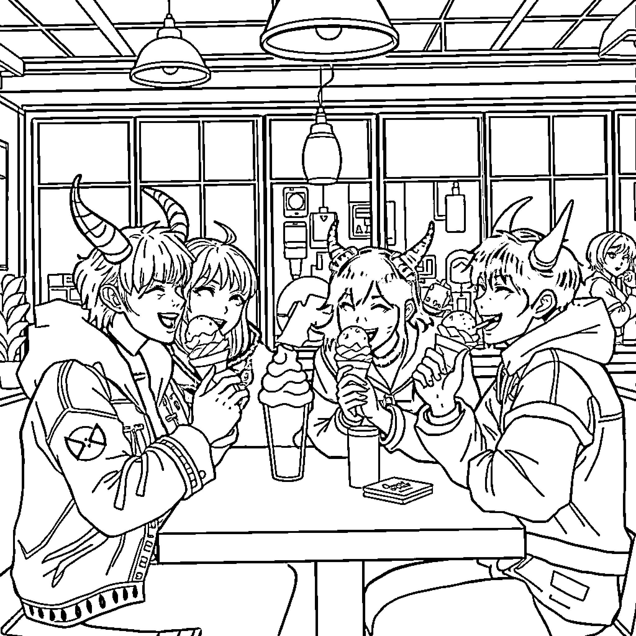 Demon Hunters Enjoying Ice Cream in Cozy Cafe Coloring Page (free black-and-white line drawing printable PDF for all, from beginners to advanced learners, including children, teens, adults, and seniors)
