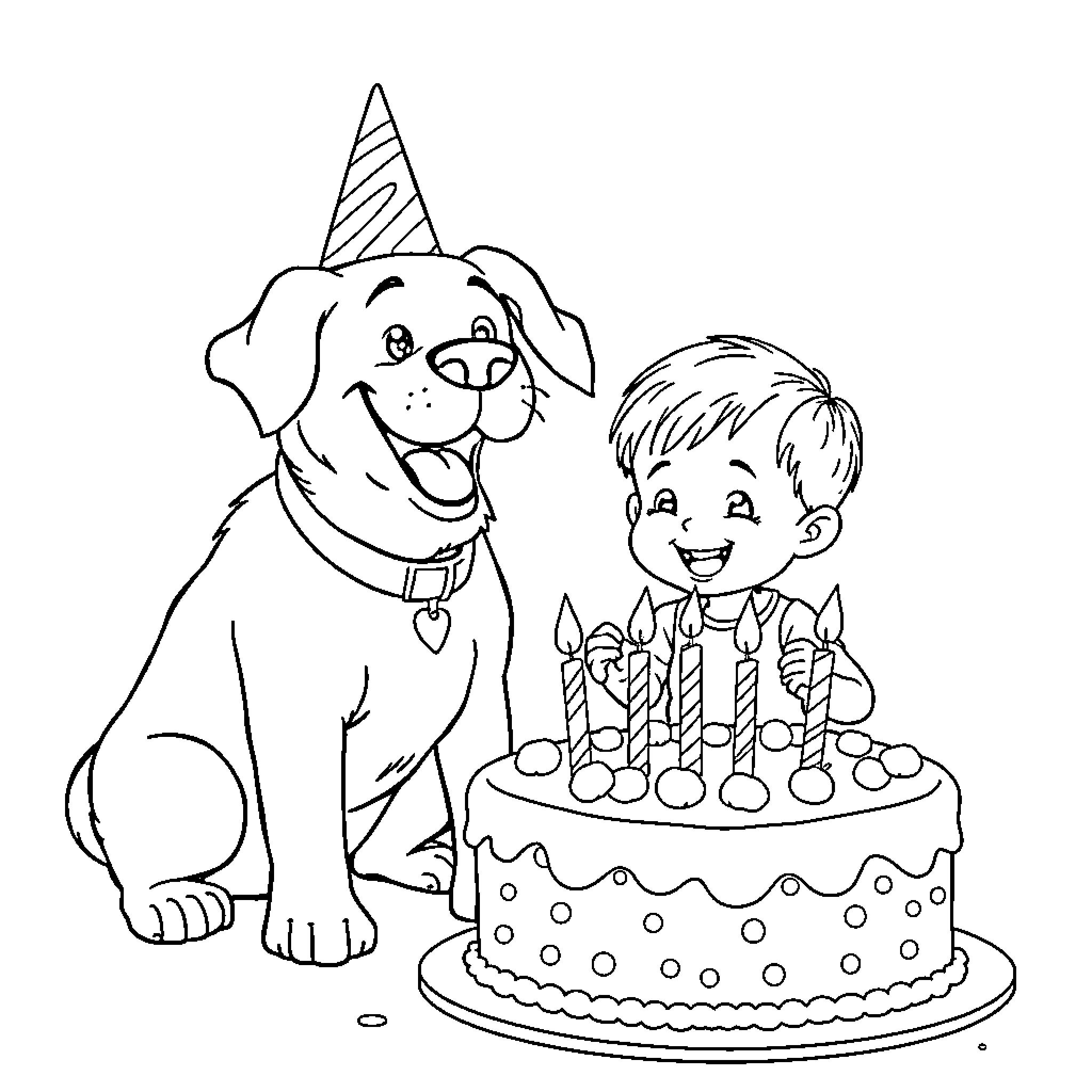 Dog celebrating with child in birthday party Coloring Page (free black-and-white line drawing printable PDF for all, from beginners to advanced learners, including children, teens, adults, and seniors)