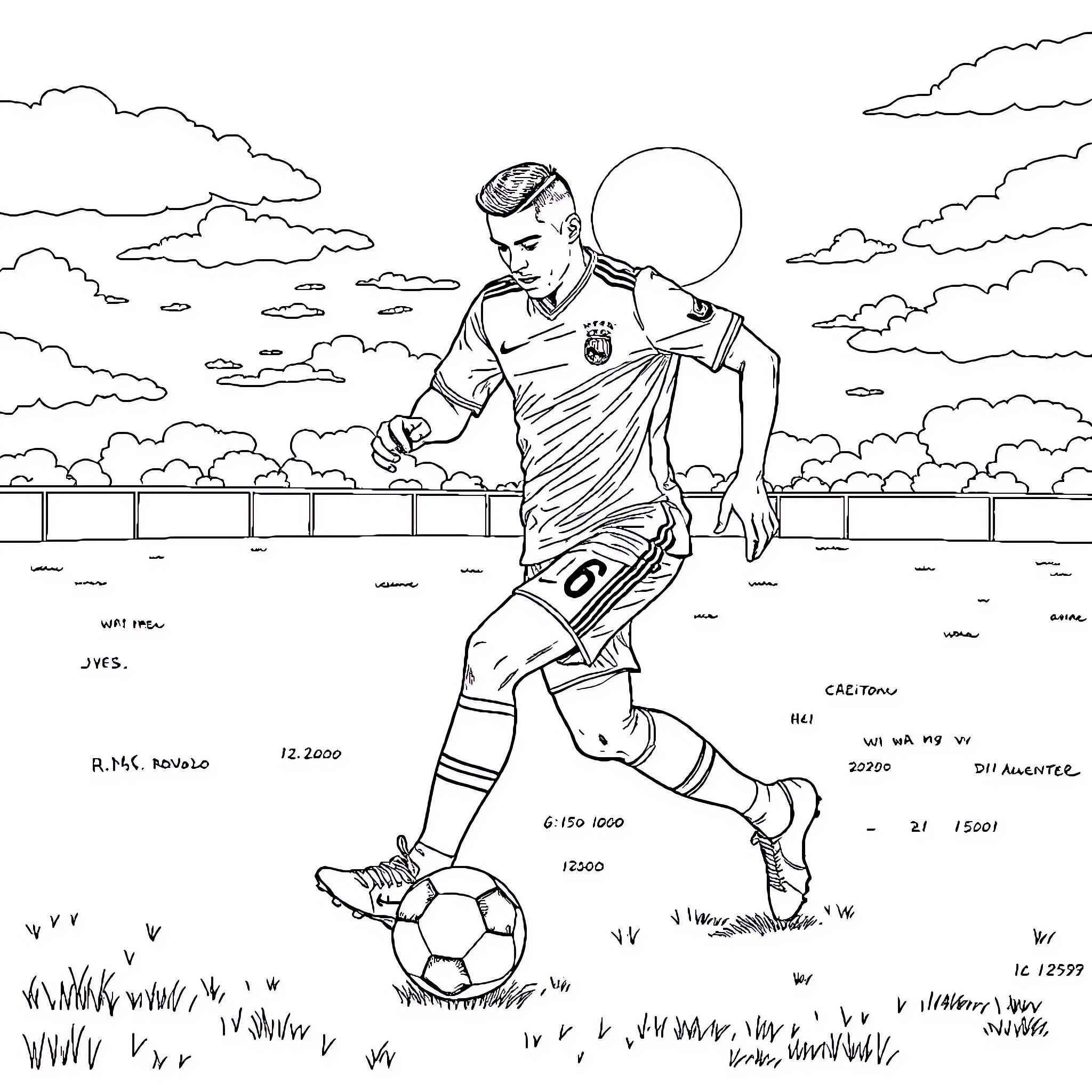 Cristiano Ronaldo playing soccer on the field Coloring Page (free black-and-white line drawing printable PDF for all, from beginners to advanced learners, including children, teens, adults, and seniors)