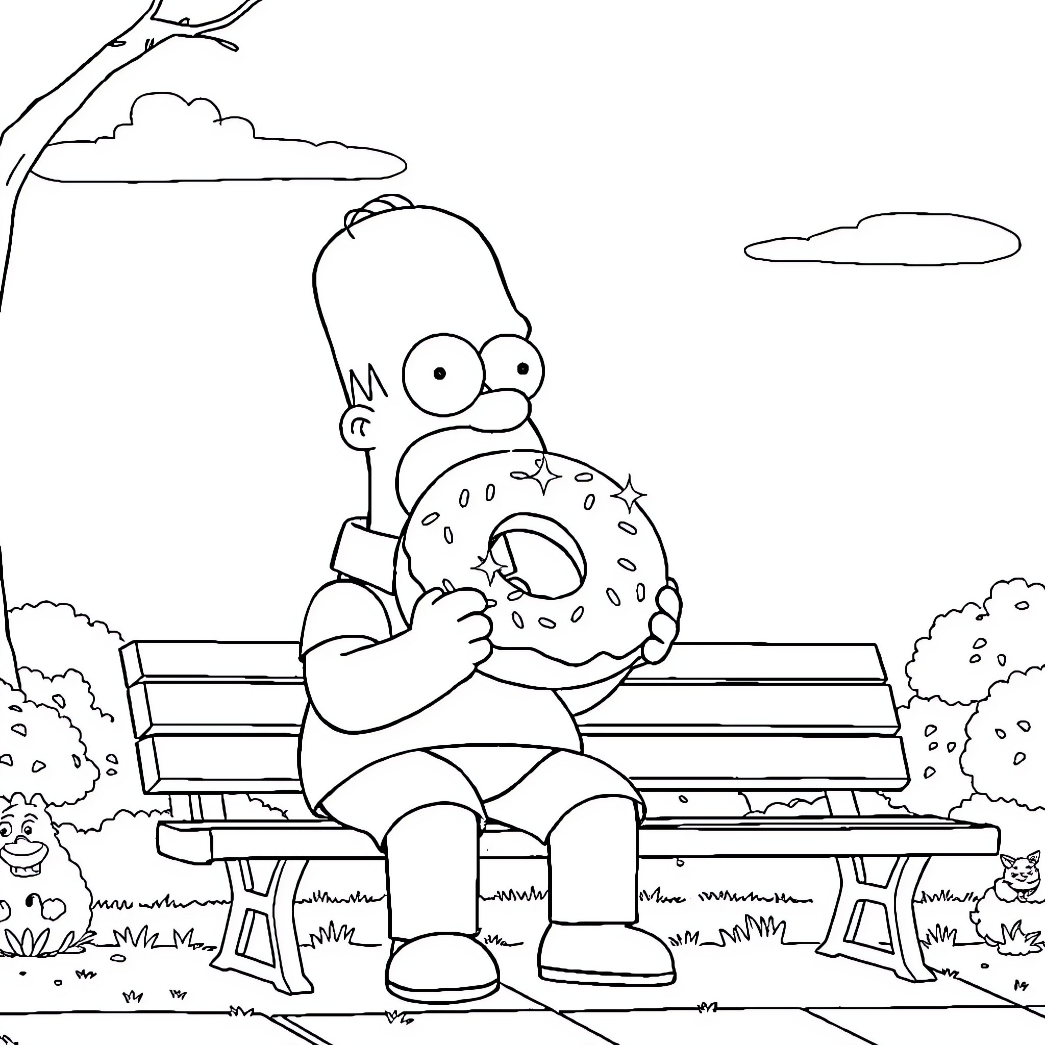 Homer Enjoying a Donut on a Park Bench Coloring Page (free black-and-white line drawing printable PDF for all, from beginners to advanced learners, including children, teens, adults, and seniors)