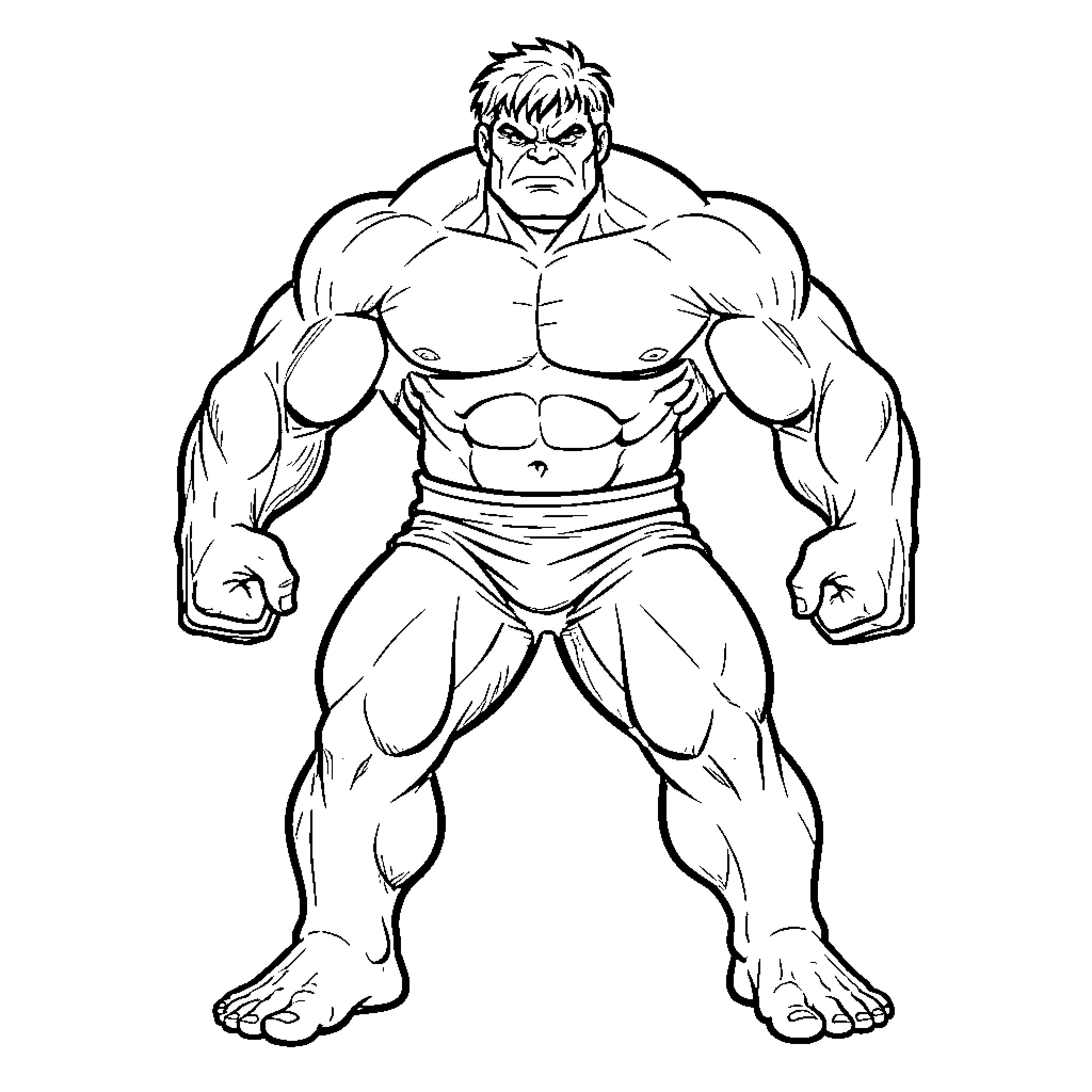 Hulk standing in a powerful and angry pose Coloring Page (free black-and-white line drawing printable PDF for all, from beginners to advanced learners, including children, teens, adults, and seniors)