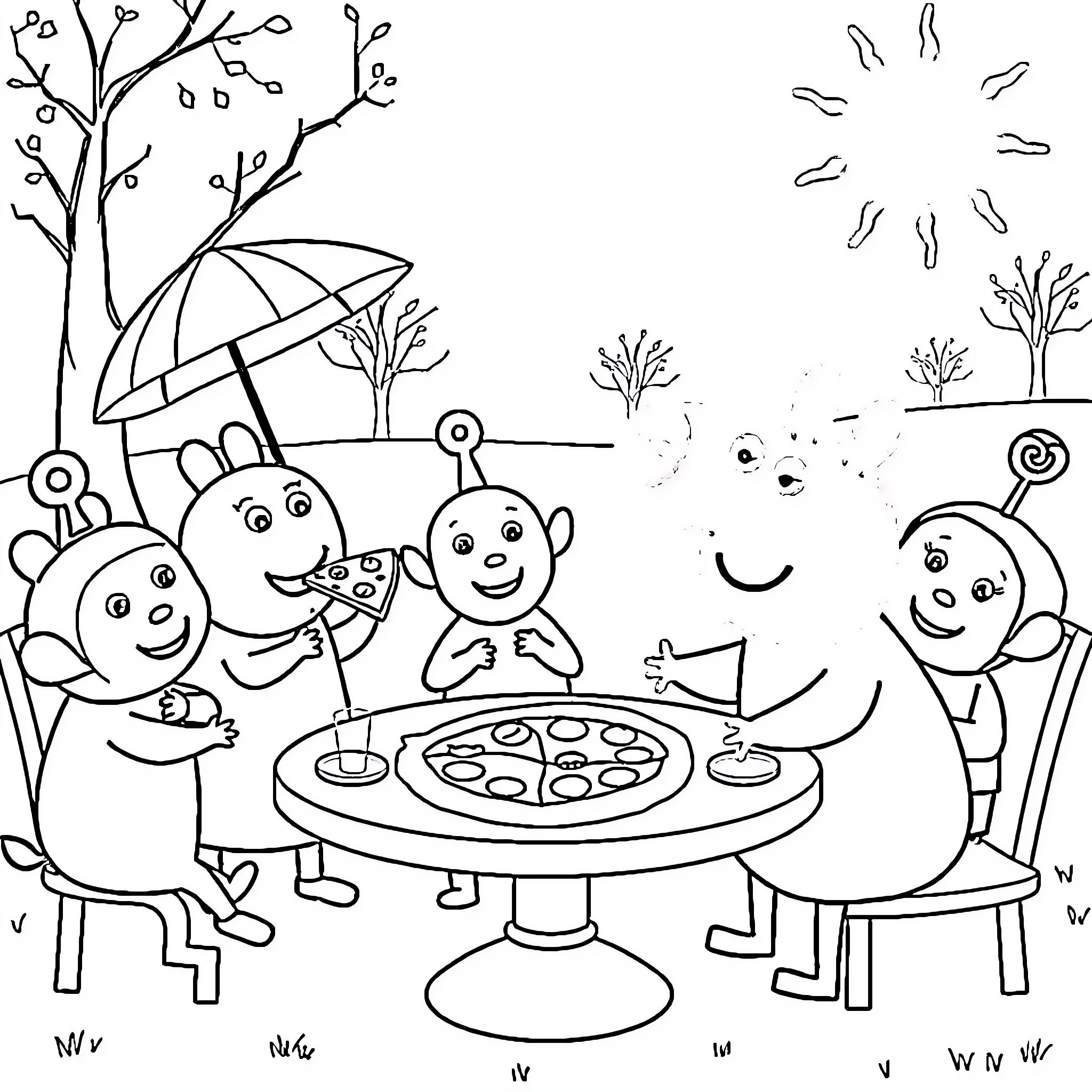Peppa Pig and friends enjoying a picnic outdoors Coloring Page (free black-and-white line drawing printable PDF for all, from beginners to advanced learners, including children, teens, adults, and seniors)