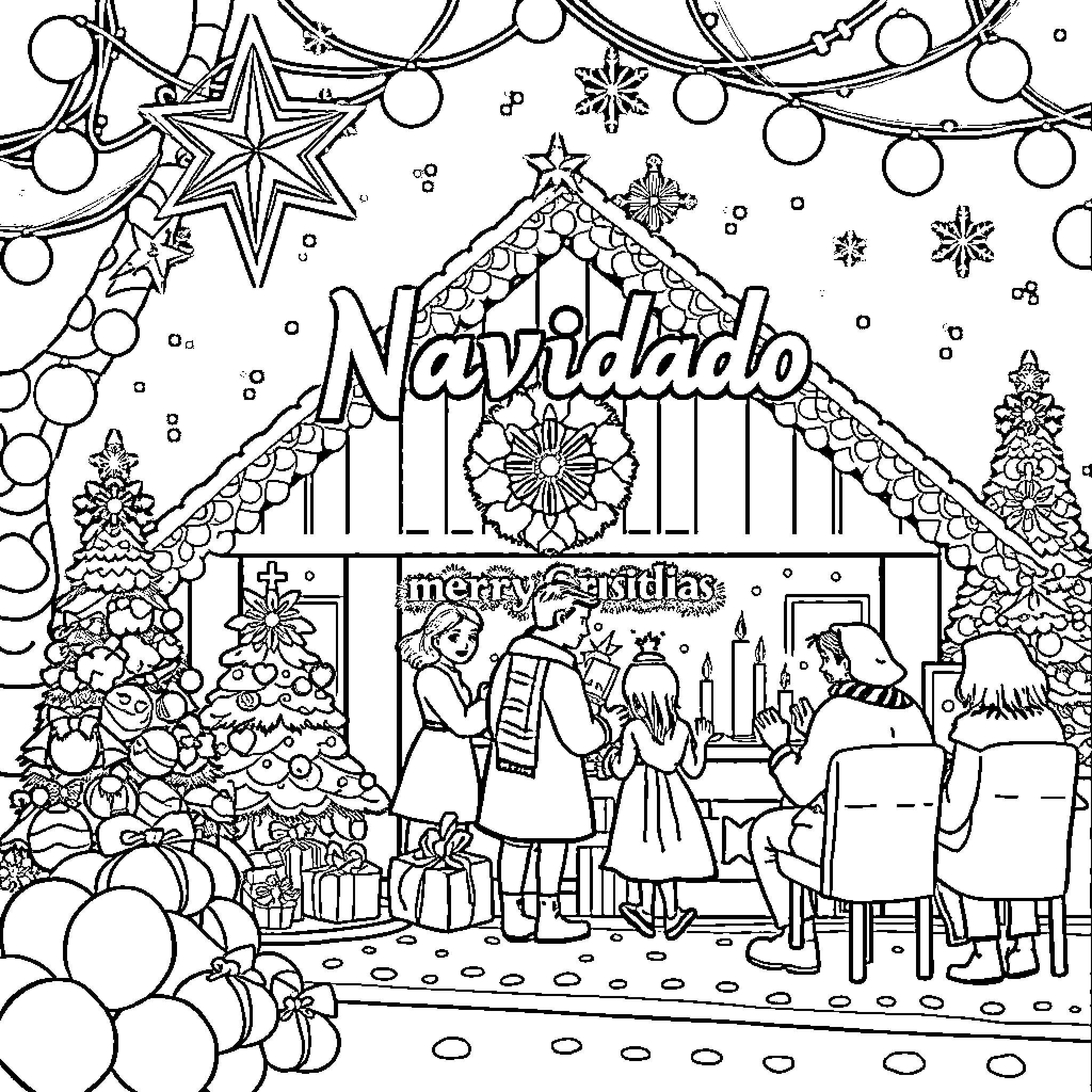 Christmas scene with Nativity display and decorations Coloring Page (free black-and-white line drawing printable PDF for all, from beginners to advanced learners, including children, teens, adults, and seniors)