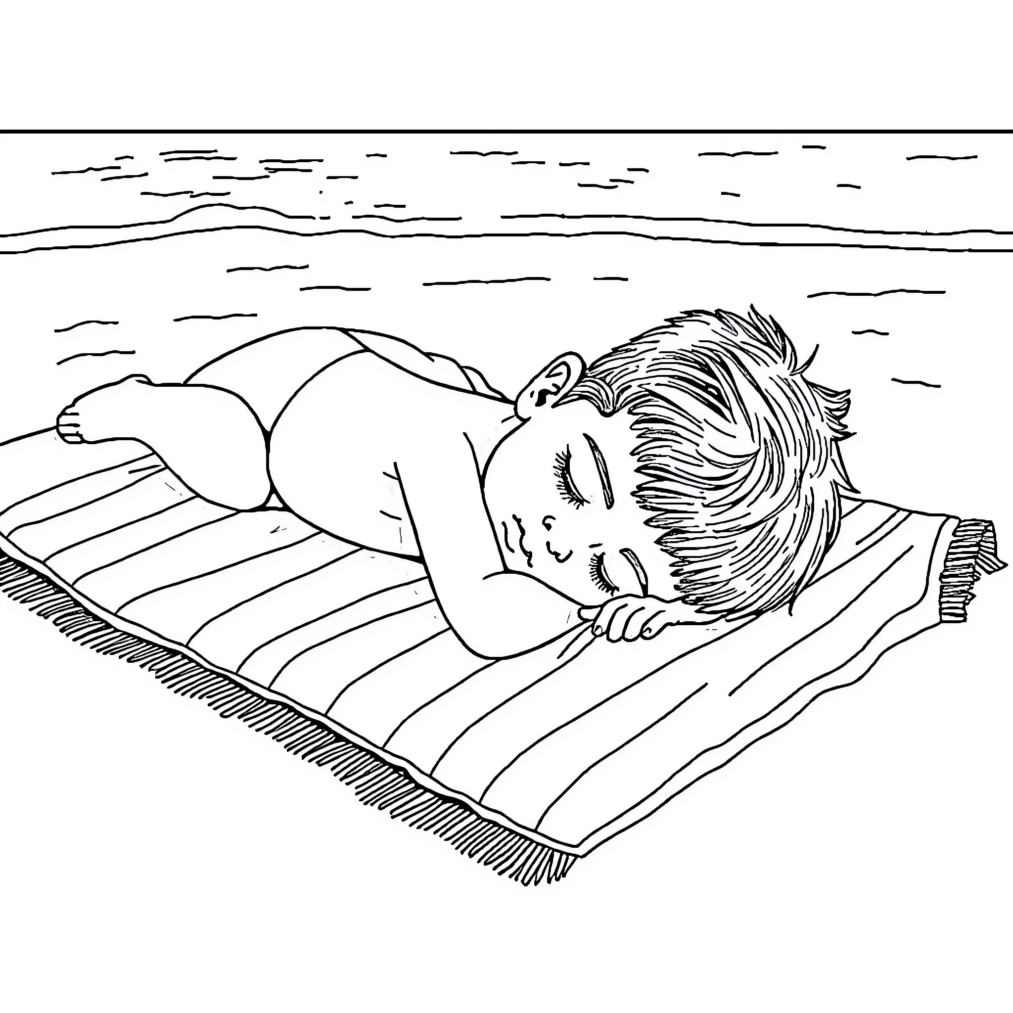 Boy sleeping peacefully on beach blanket Coloring Page (free black-and-white line drawing printable PDF for all, from beginners to advanced learners, including children, teens, adults, and seniors)