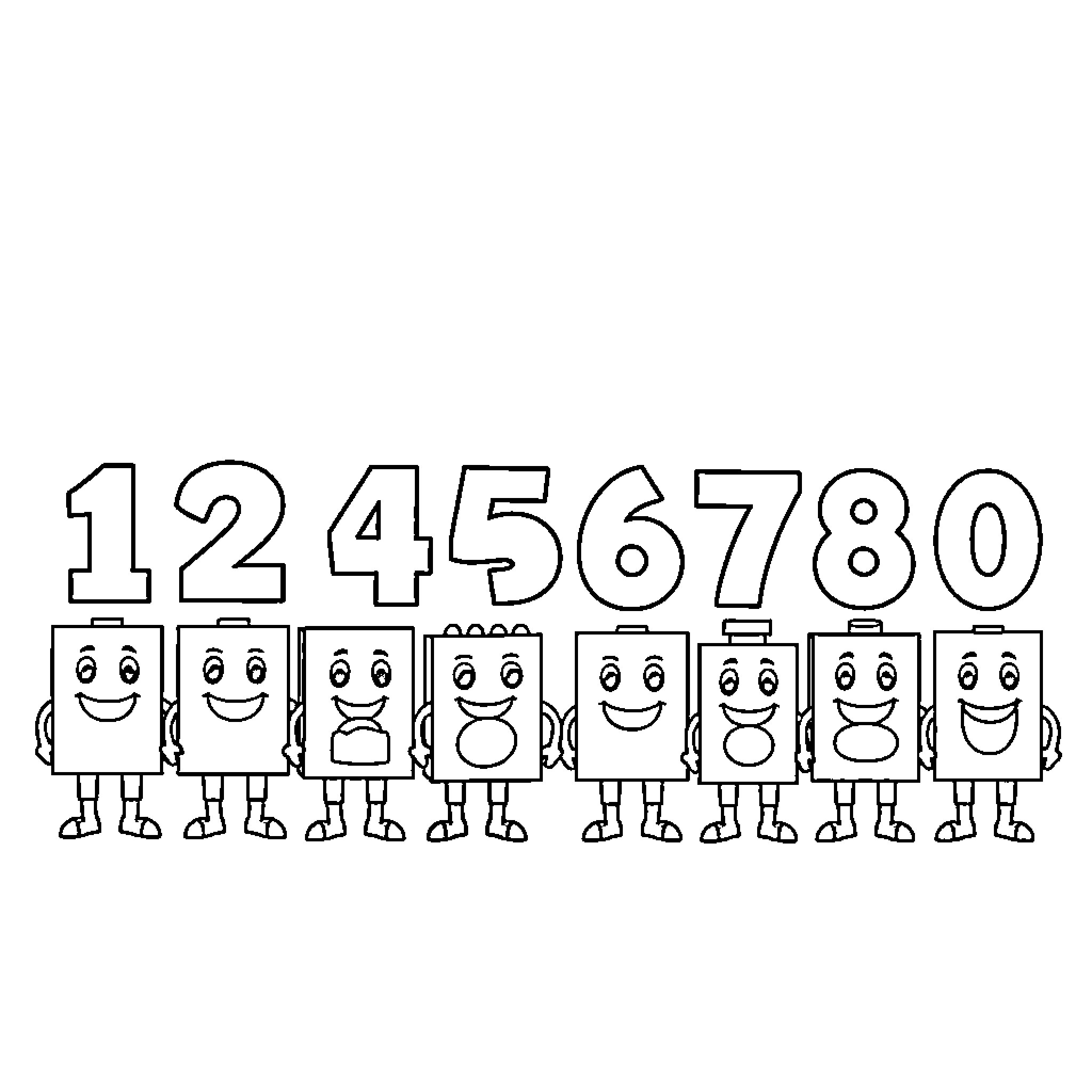 Numberblocks lining up in numerical order Coloring Page (free black-and-white line drawing printable PDF for all, from beginners to advanced learners, including children, teens, adults, and seniors)