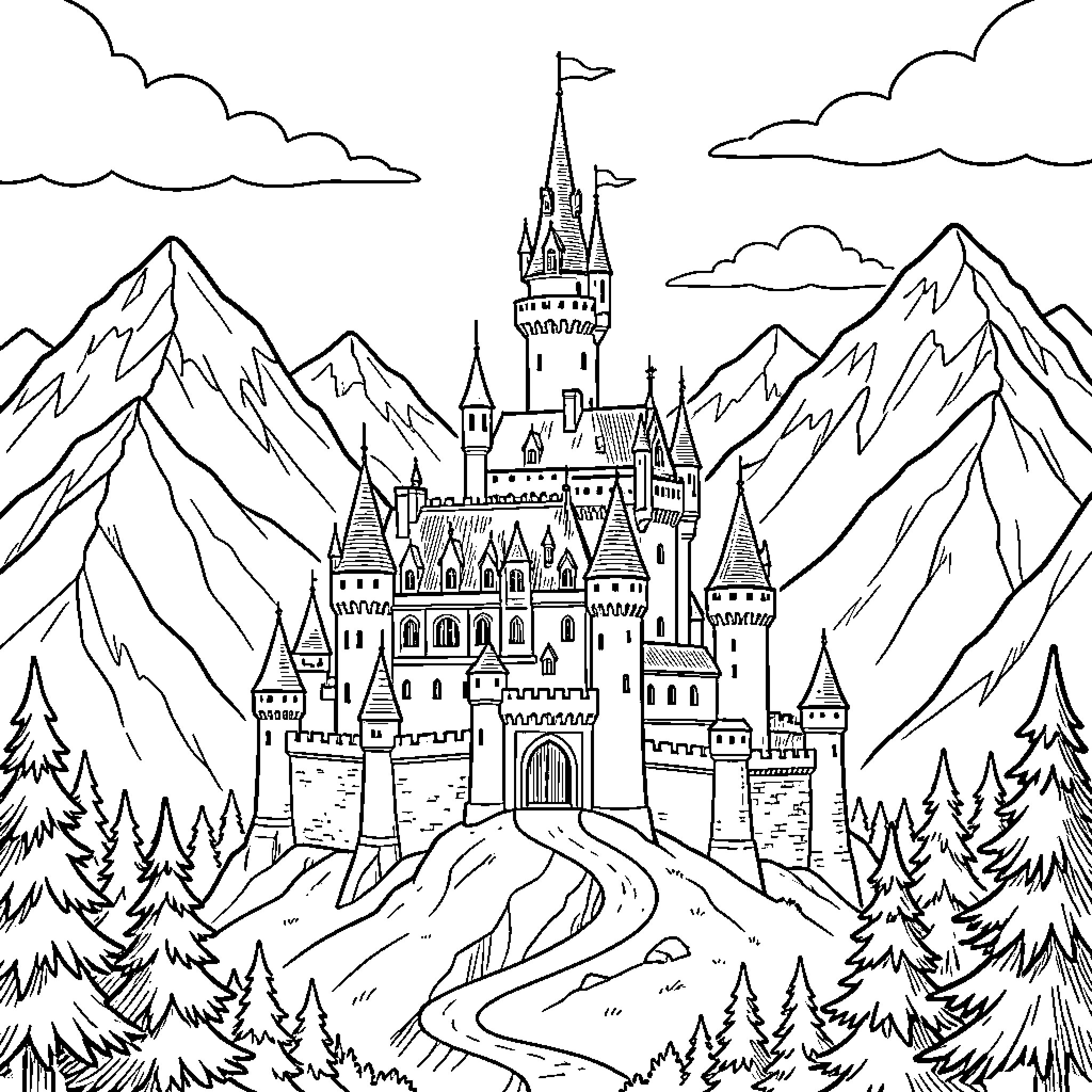 Castle in the Mountains with Winding Path Coloring Page (free black-and-white line drawing printable PDF for all, from beginners to advanced learners, including children, teens, adults, and seniors)