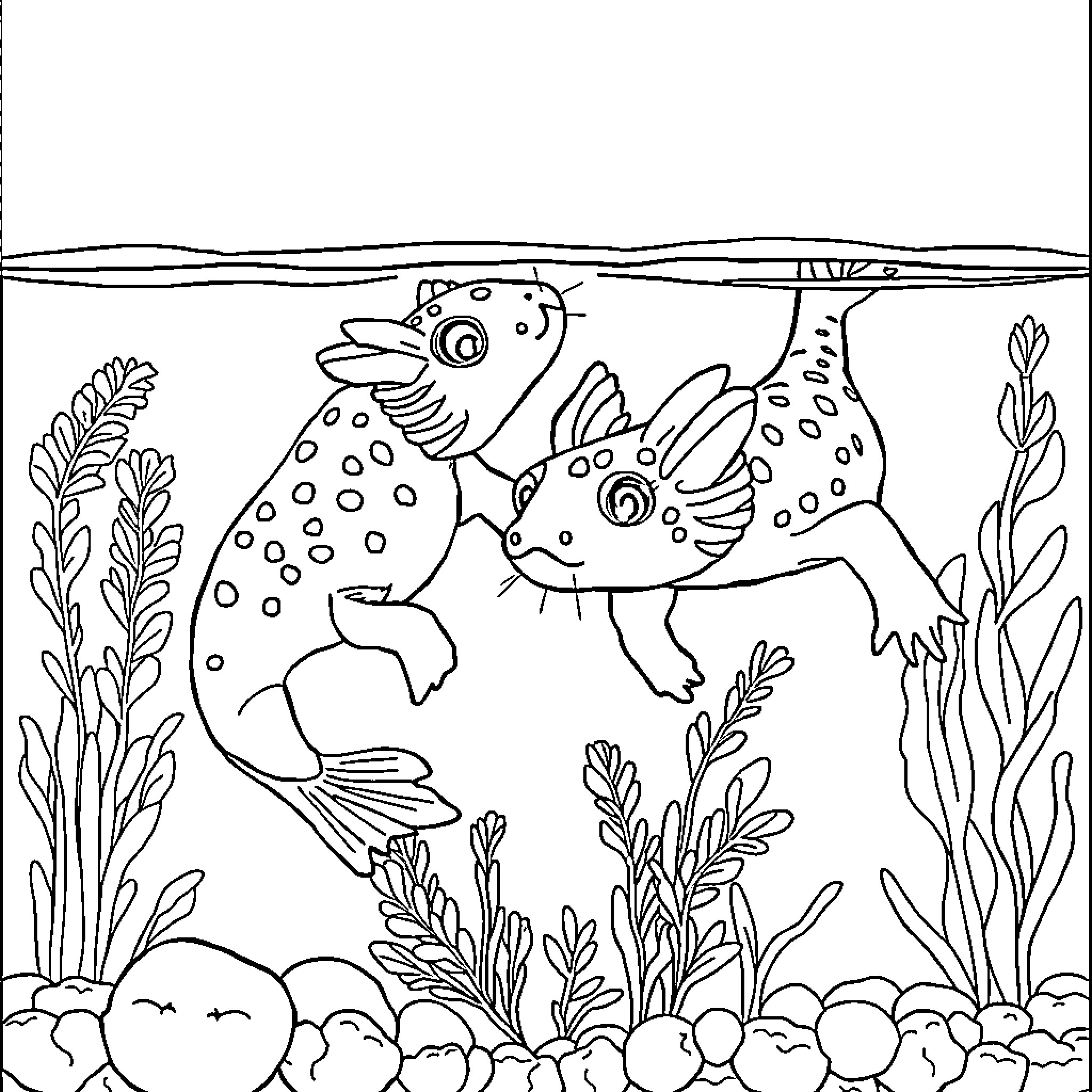 Axolotls exploring the underwater garden Coloring Page (free black-and-white line drawing printable PDF for all, from beginners to advanced learners, including children, teens, adults, and seniors)