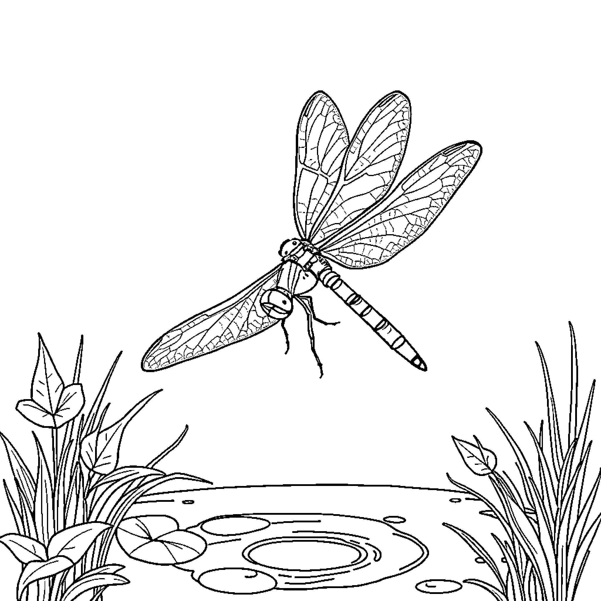 Dragonfly hovering over a tranquil pond Coloring Page (free black-and-white line drawing printable PDF for all, from beginners to advanced learners, including children, teens, adults, and seniors)