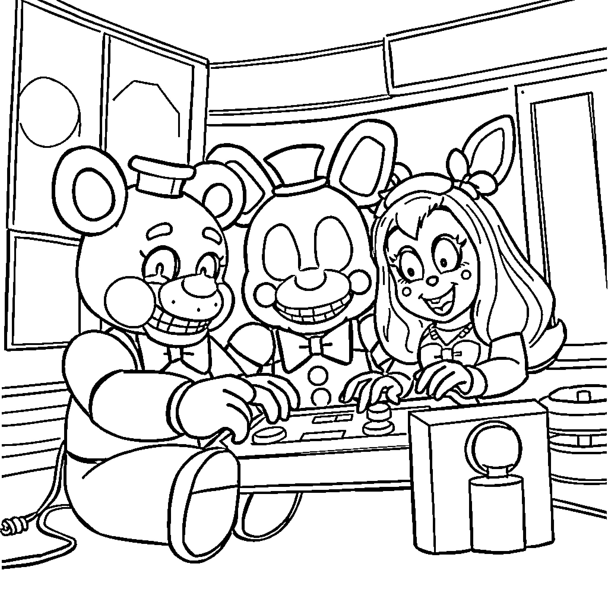 Freddy and Friends Playing Video Games Together Coloring Page (free black-and-white line drawing printable PDF for all, from beginners to advanced learners, including children, teens, adults, and seniors)