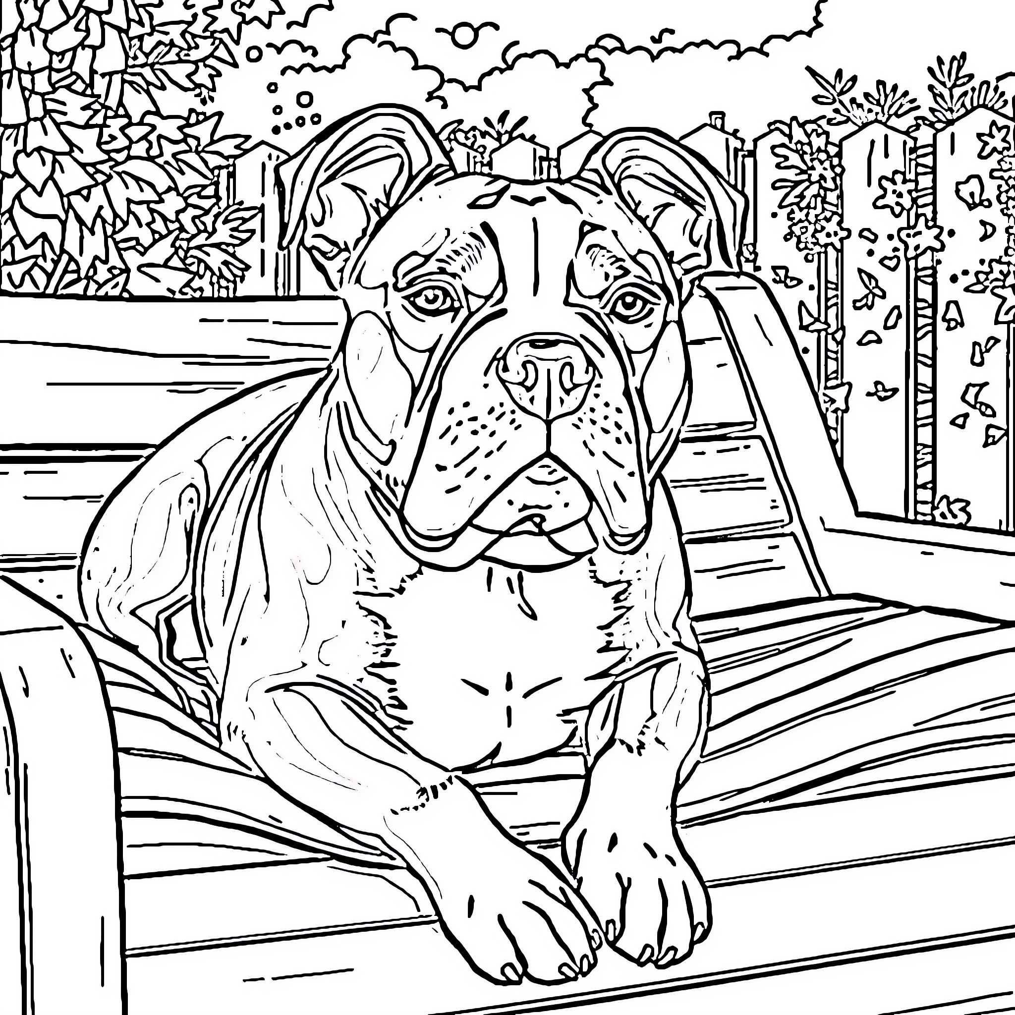 Bully dog intimidating in the backyard Coloring Page (free black-and-white line drawing printable PDF for all, from beginners to advanced learners, including children, teens, adults, and seniors)