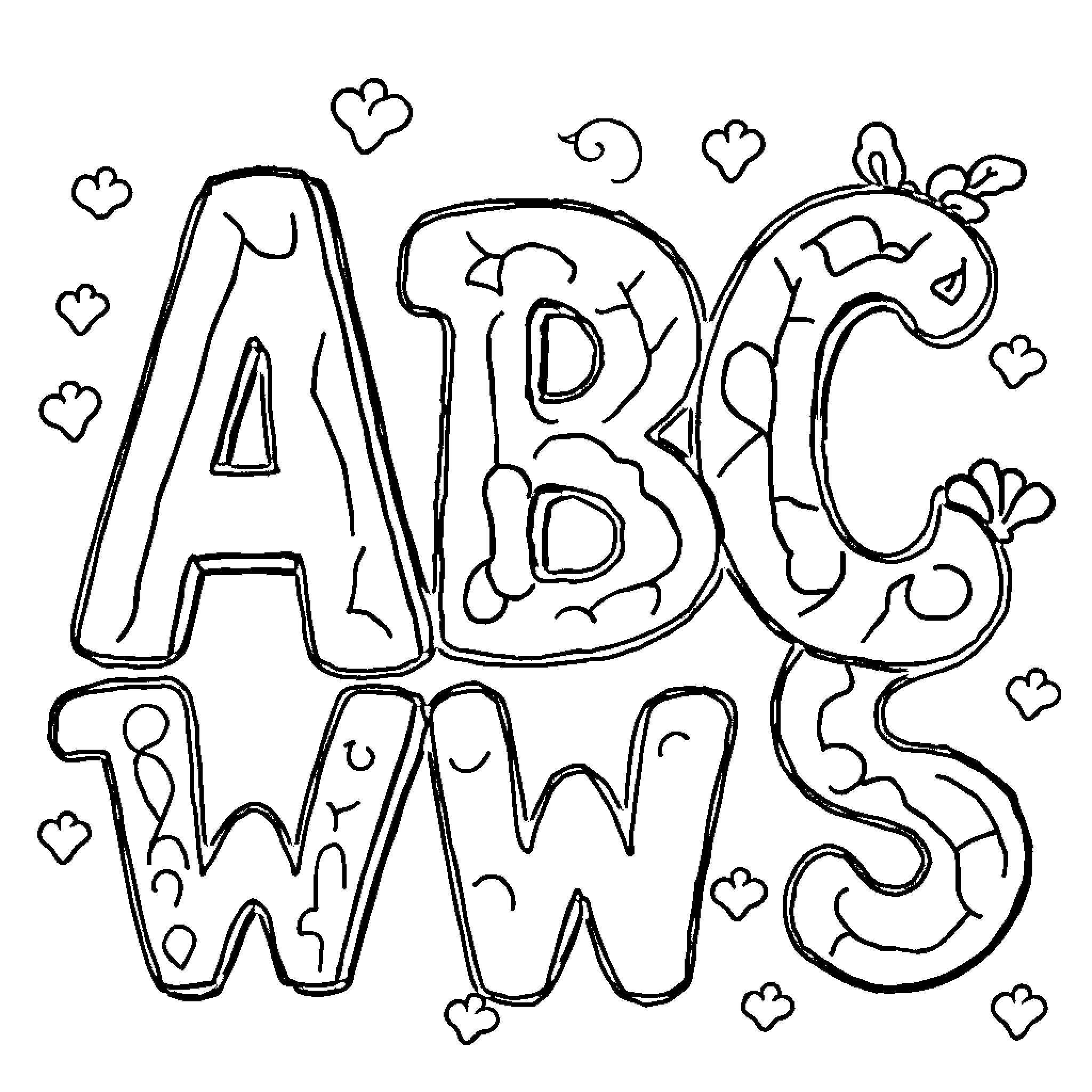 ABC Playful Doodle Letters Coloring Page (free black-and-white line drawing printable PDF for all, from beginners to advanced learners, including children, teens, adults, and seniors)