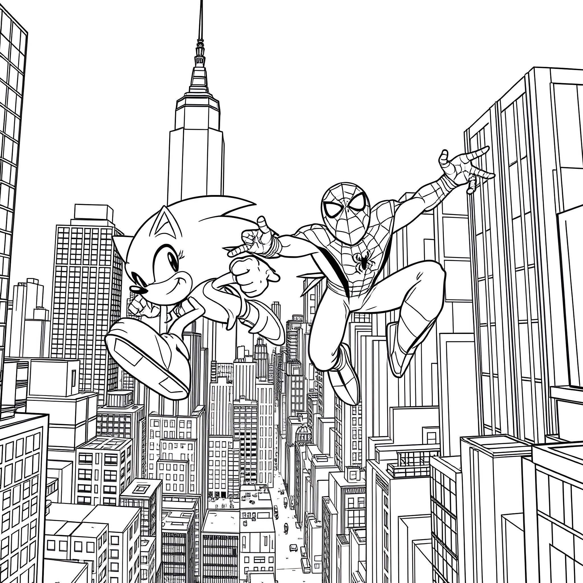 Sonic and Spider-Man Swing Through City Skyline Coloring Page (free black-and-white line drawing printable PDF for all, from beginners to advanced learners, including children, teens, adults, and seniors)
