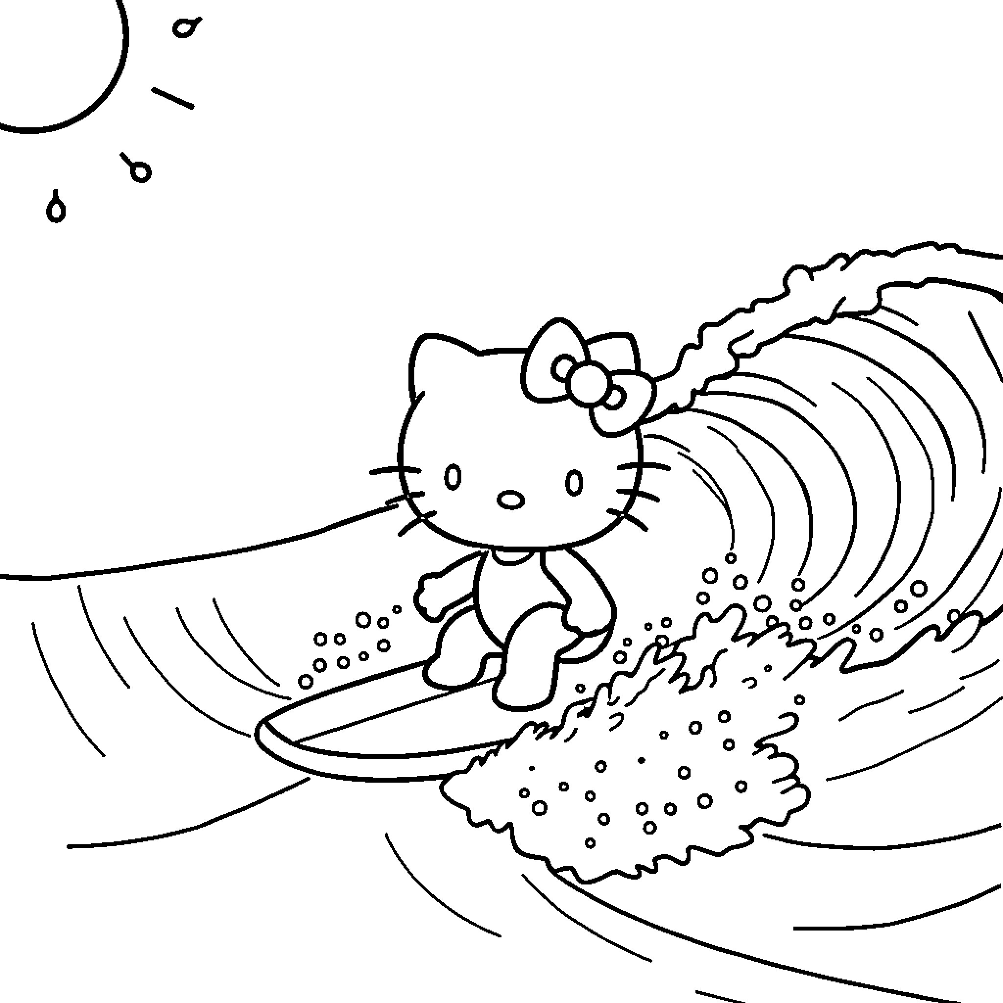 Hello Kitty surfing the waves Coloring Page (free black-and-white line drawing printable PDF for all, from beginners to advanced learners, including children, teens, adults, and seniors)