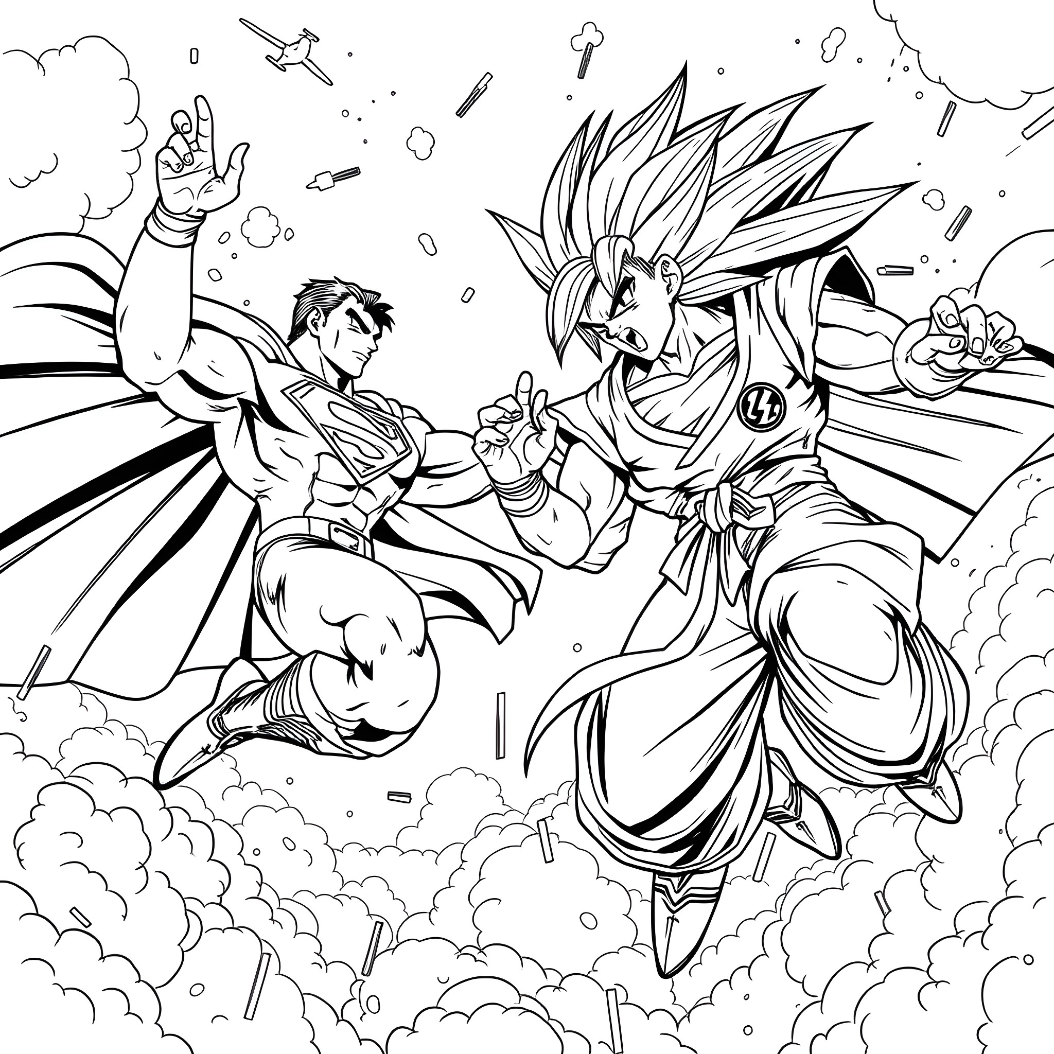 Superman Battles Super Powered Hero in Intense Fight Scene Coloring Page (free black-and-white line drawing printable PDF for all, from beginners to advanced learners, including children, teens, adults, and seniors)
