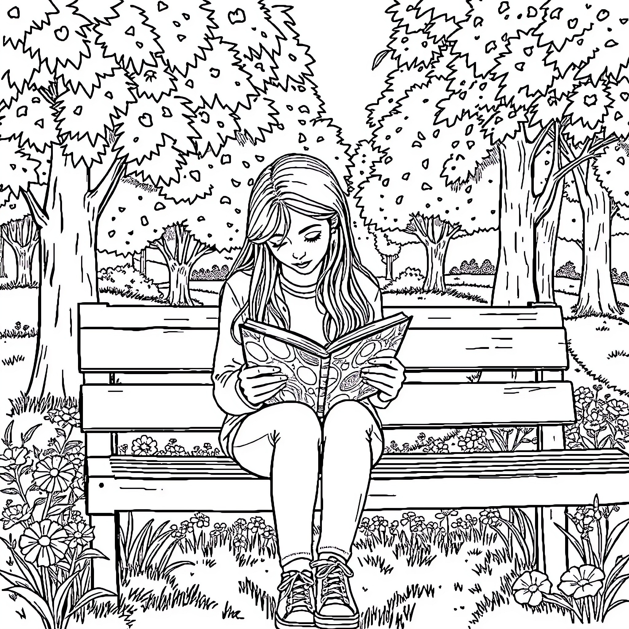 Girl reading book on park bench Coloring Page (free black-and-white line drawing printable PDF for all, from beginners to advanced learners, including children, teens, adults, and seniors)