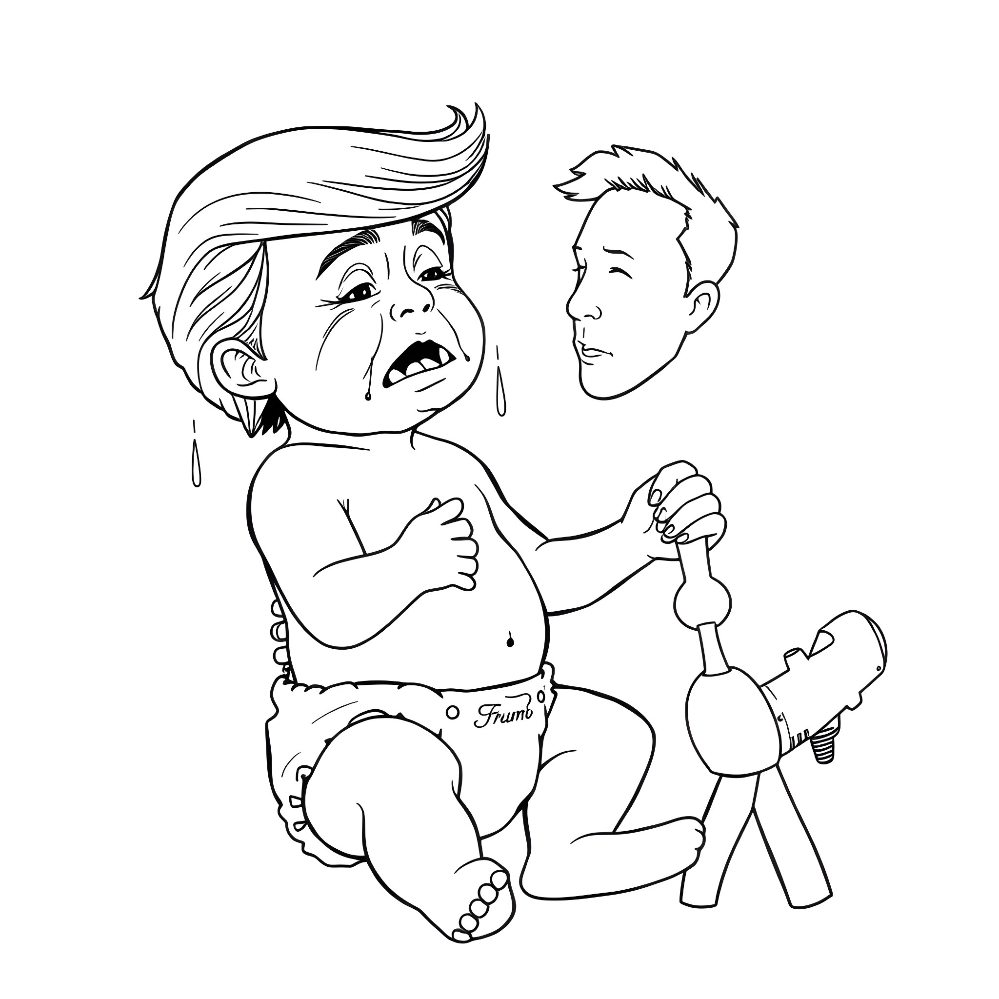 Donald Trump Baby Throwing Tantrum With Toy Coloring Page (free black-and-white line drawing printable PDF for all, from beginners to advanced learners, including children, teens, adults, and seniors)