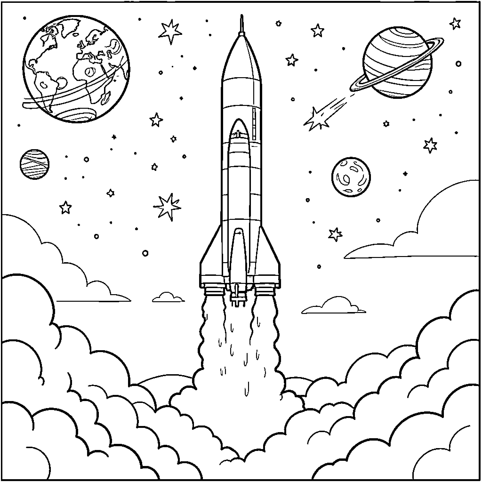 Saturn V rocket launching into space with planets Coloring Page (free black-and-white line drawing printable PDF for all, from beginners to advanced learners, including children, teens, adults, and seniors)