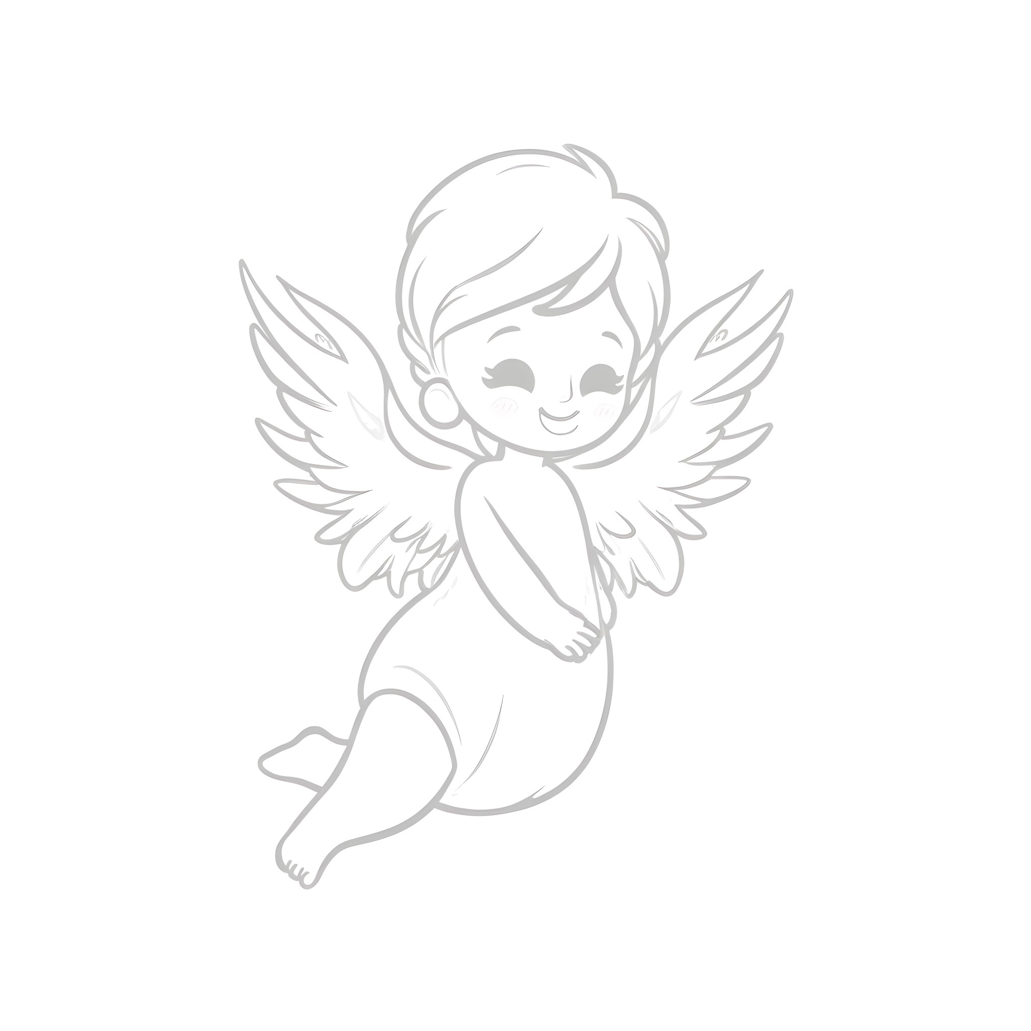 Angel flying with joyful expression Coloring Page (free black-and-white line drawing printable PDF for all, from beginners to advanced learners, including children, teens, adults, and seniors)