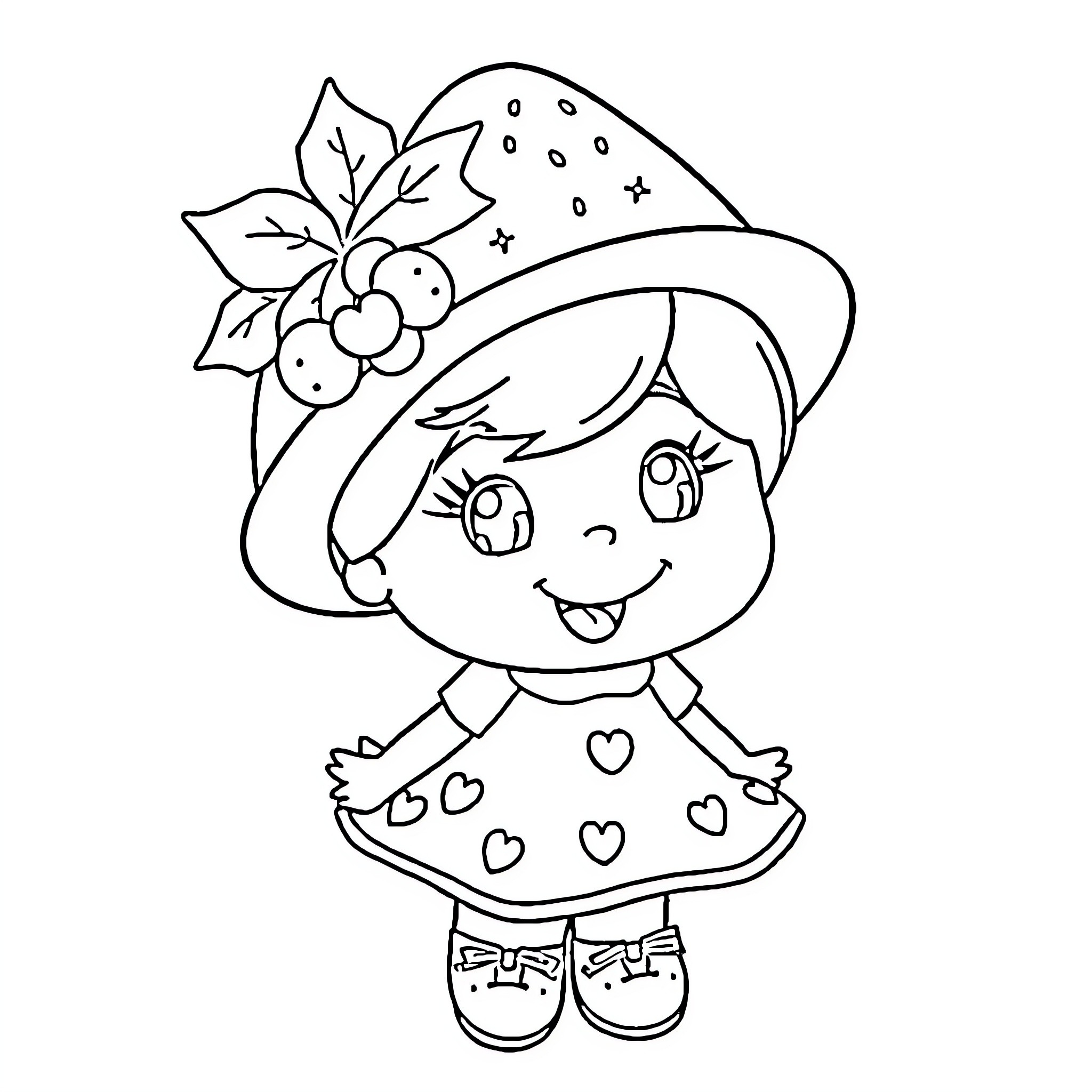 Strawberry Shortcake in a festive outfit Coloring Page (free black-and-white line drawing printable PDF for all, from beginners to advanced learners, including children, teens, adults, and seniors)