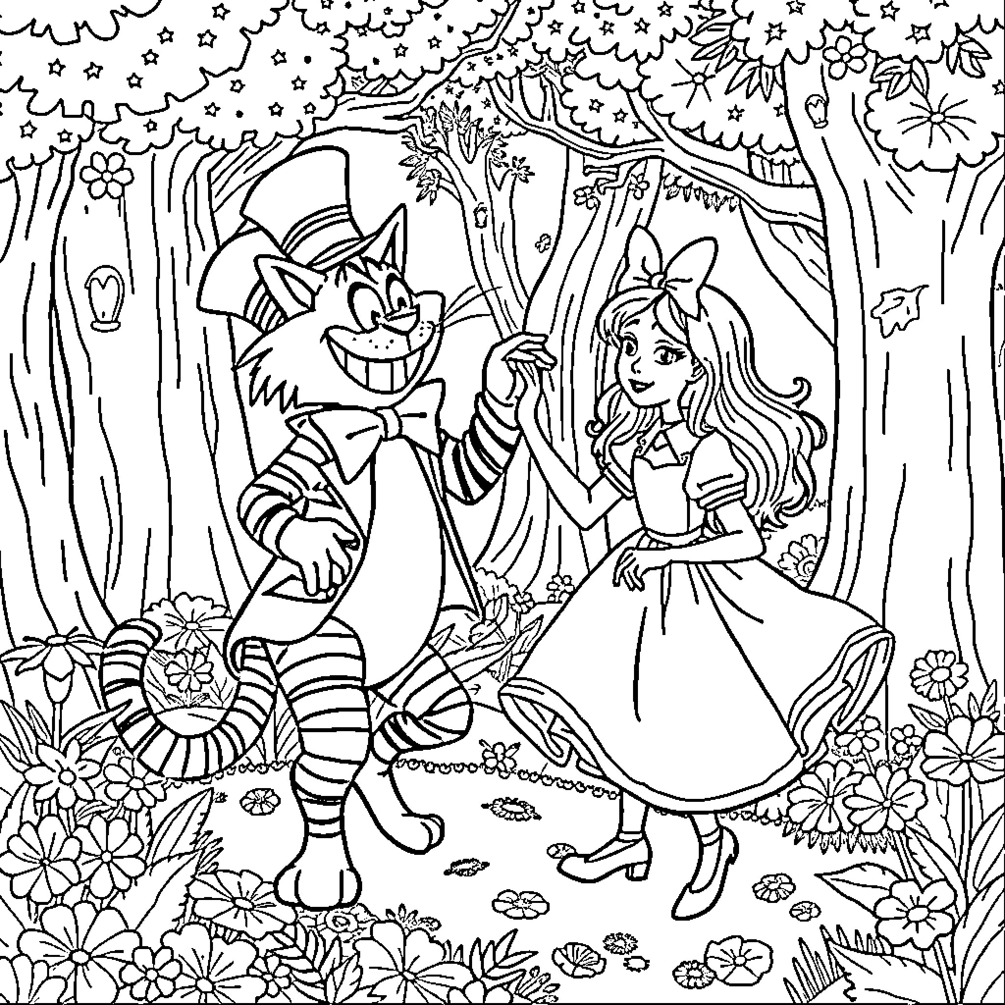 Cheshire Cat and Alice in Wonderland Coloring Page Coloring Page (free black-and-white line drawing printable PDF for all, from beginners to advanced learners, including children, teens, adults, and seniors)