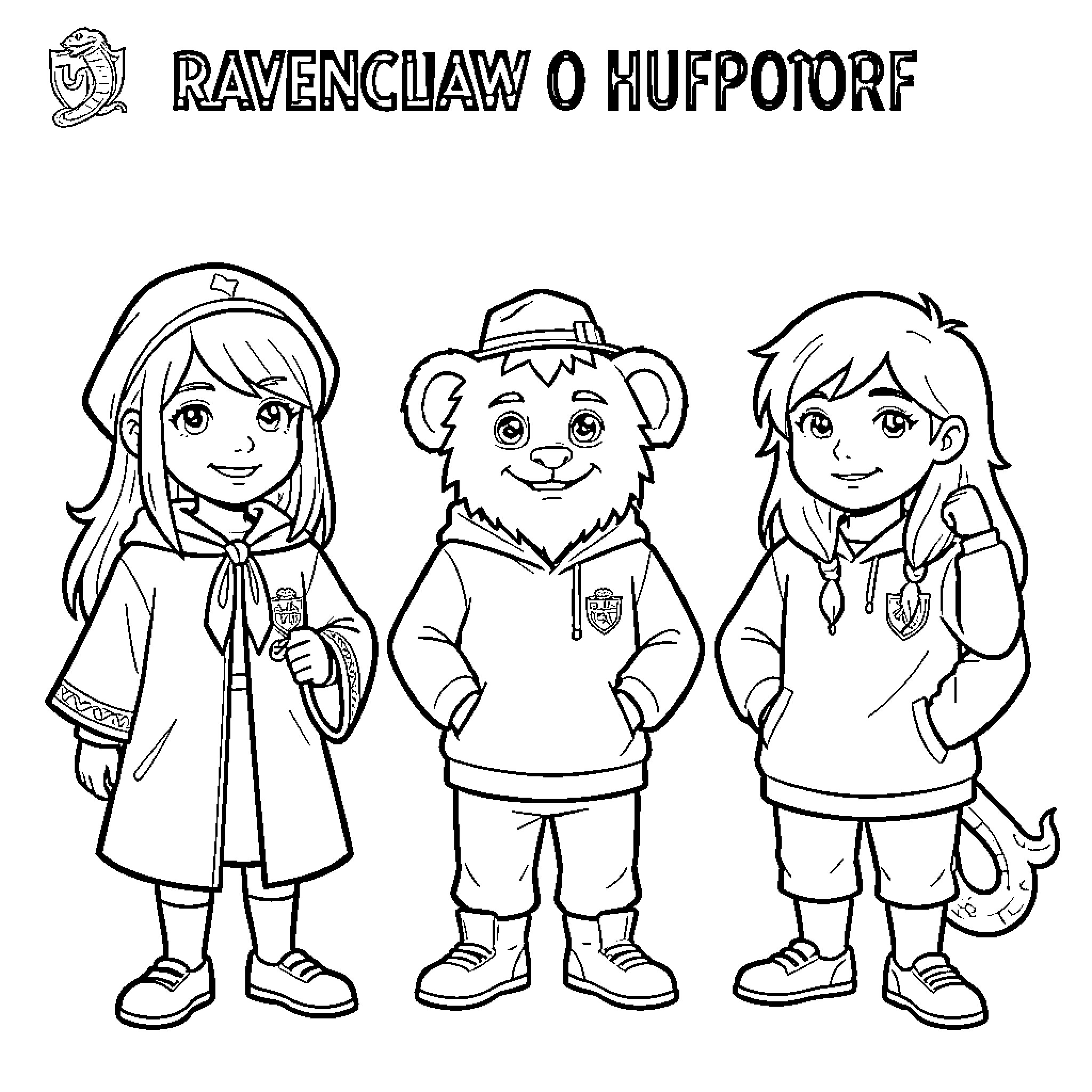 House Mascot characters standing together in casual outfits Coloring Page (free black-and-white line drawing printable PDF for all, from beginners to advanced learners, including children, teens, adults, and seniors)