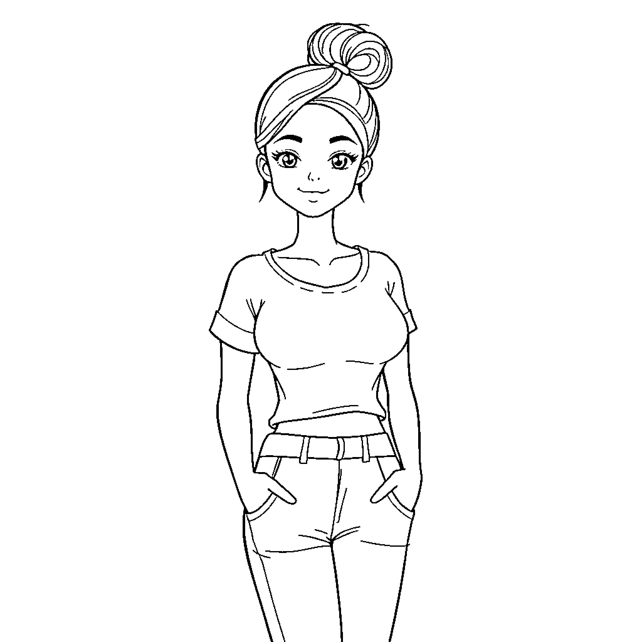 Mom's Casual Pose with Thoughtful Expression Coloring Page (free black-and-white line drawing printable PDF for all, from beginners to advanced learners, including children, teens, adults, and seniors)