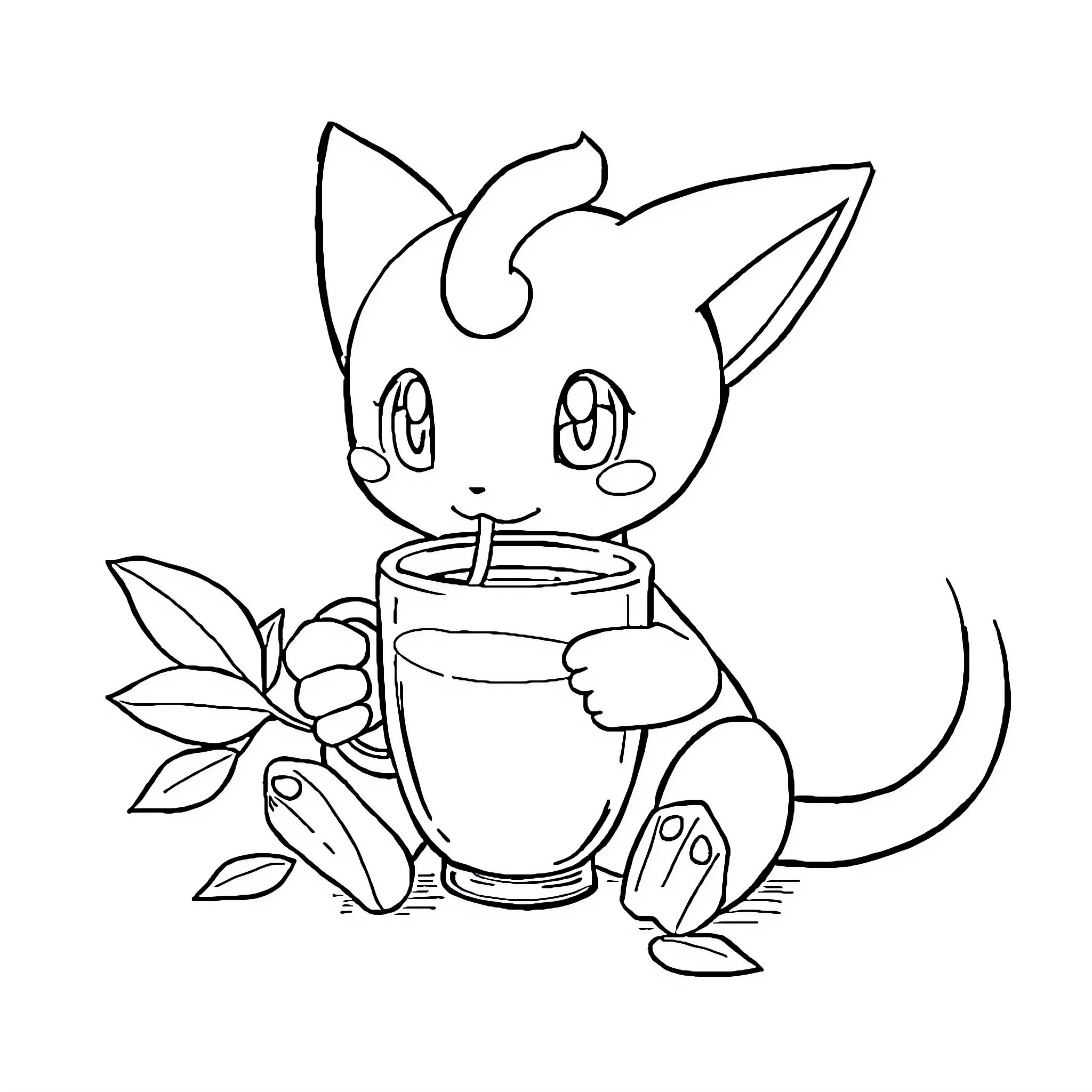 Mew Sipping Tea with Nature Coloring Page (free black-and-white line drawing printable PDF for all, from beginners to advanced learners, including children, teens, adults, and seniors)