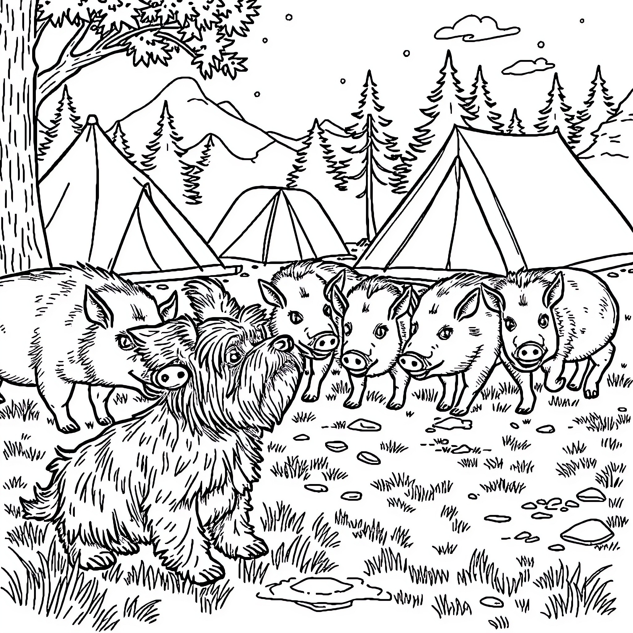 Yorkie pups camping in the wilderness Coloring Page (free black-and-white line drawing printable PDF for all, from beginners to advanced learners, including children, teens, adults, and seniors)