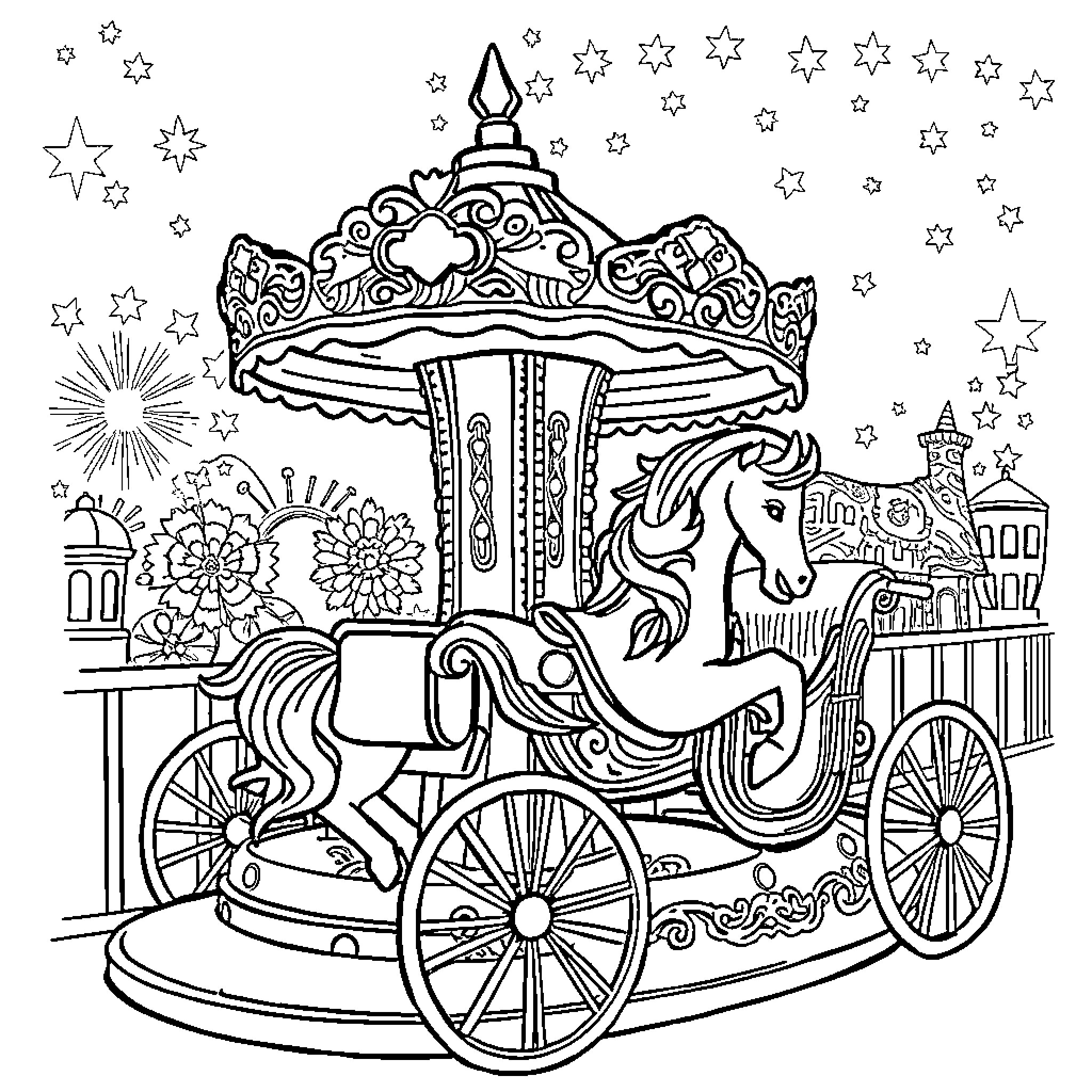 Unicorn carousel ride with festive decorations Coloring Page (free black-and-white line drawing printable PDF for all, from beginners to advanced learners, including children, teens, adults, and seniors)