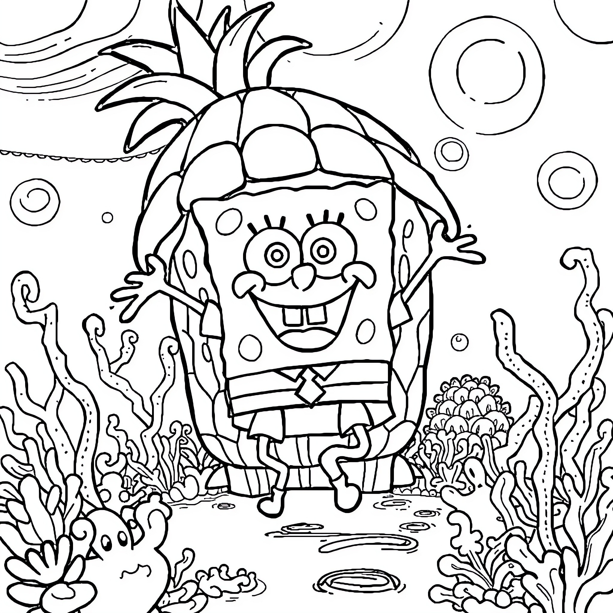 Spongebob in a whimsical underwater scene Coloring Page (free black-and-white line drawing printable PDF for all, from beginners to advanced learners, including children, teens, adults, and seniors)