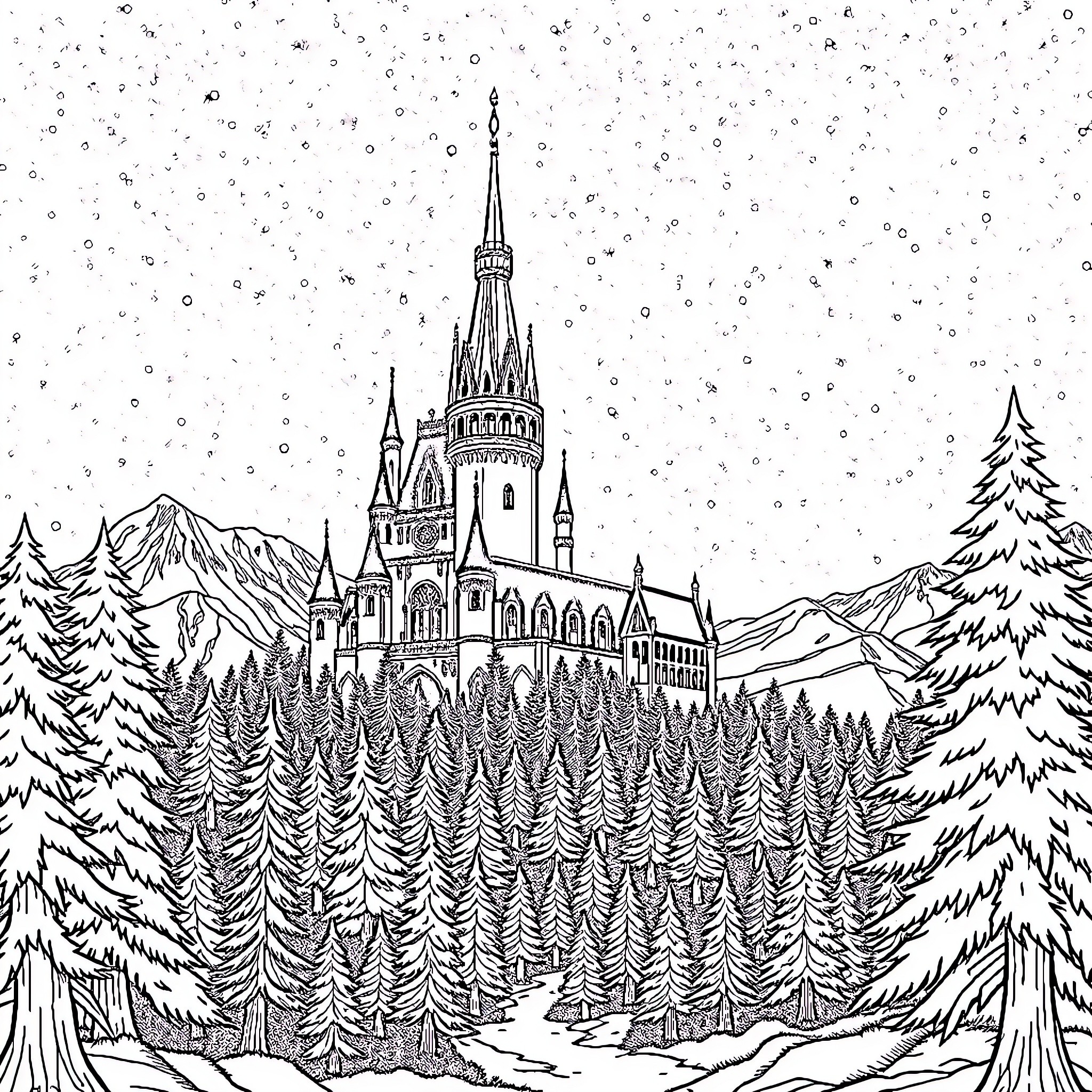 Castle in Snowy Winter Landscape Coloring Page (free black-and-white line drawing printable PDF for all, from beginners to advanced learners, including children, teens, adults, and seniors)
