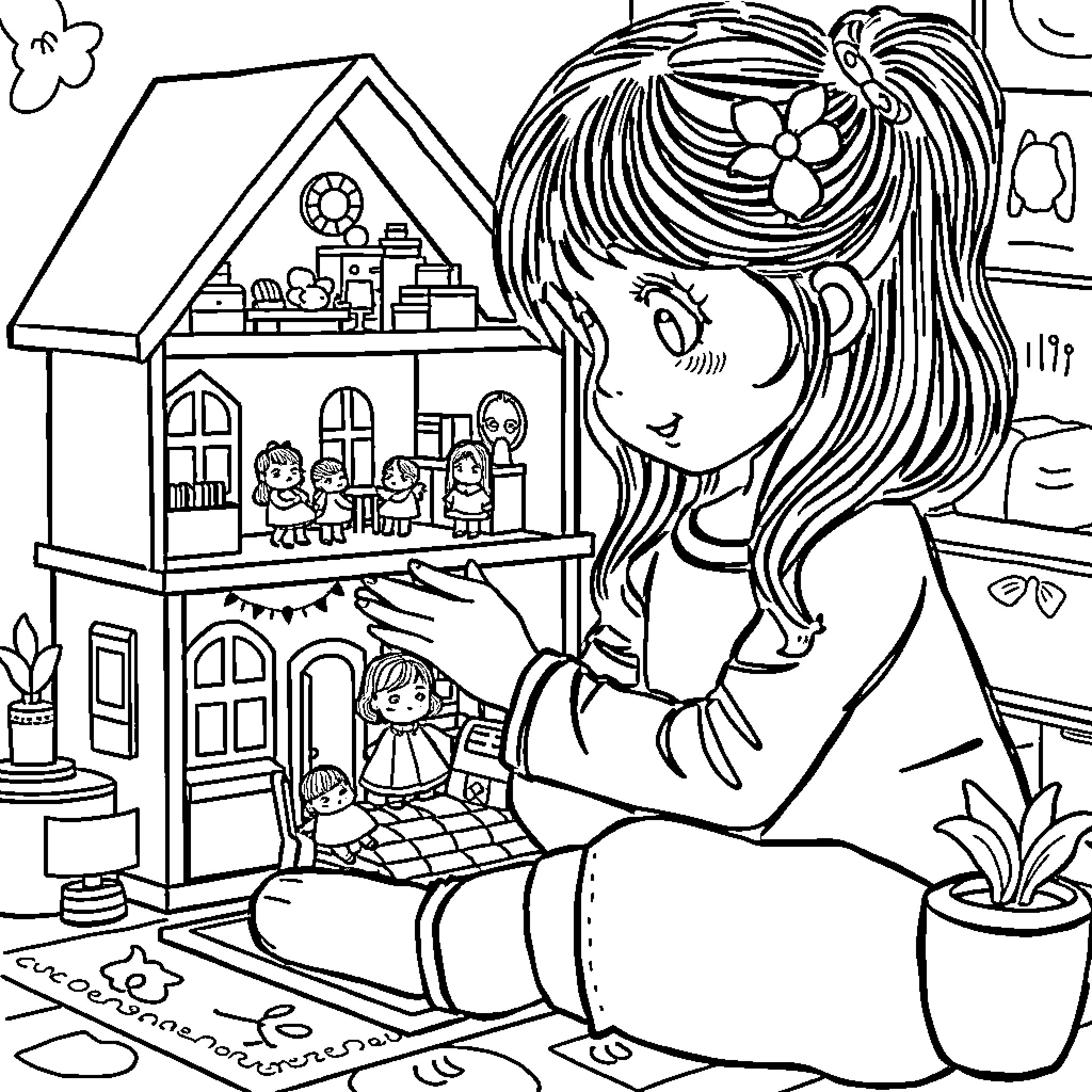 Dollhouse of Imagination and Play Coloring Page (free black-and-white line drawing printable PDF for all, from beginners to advanced learners, including children, teens, adults, and seniors)
