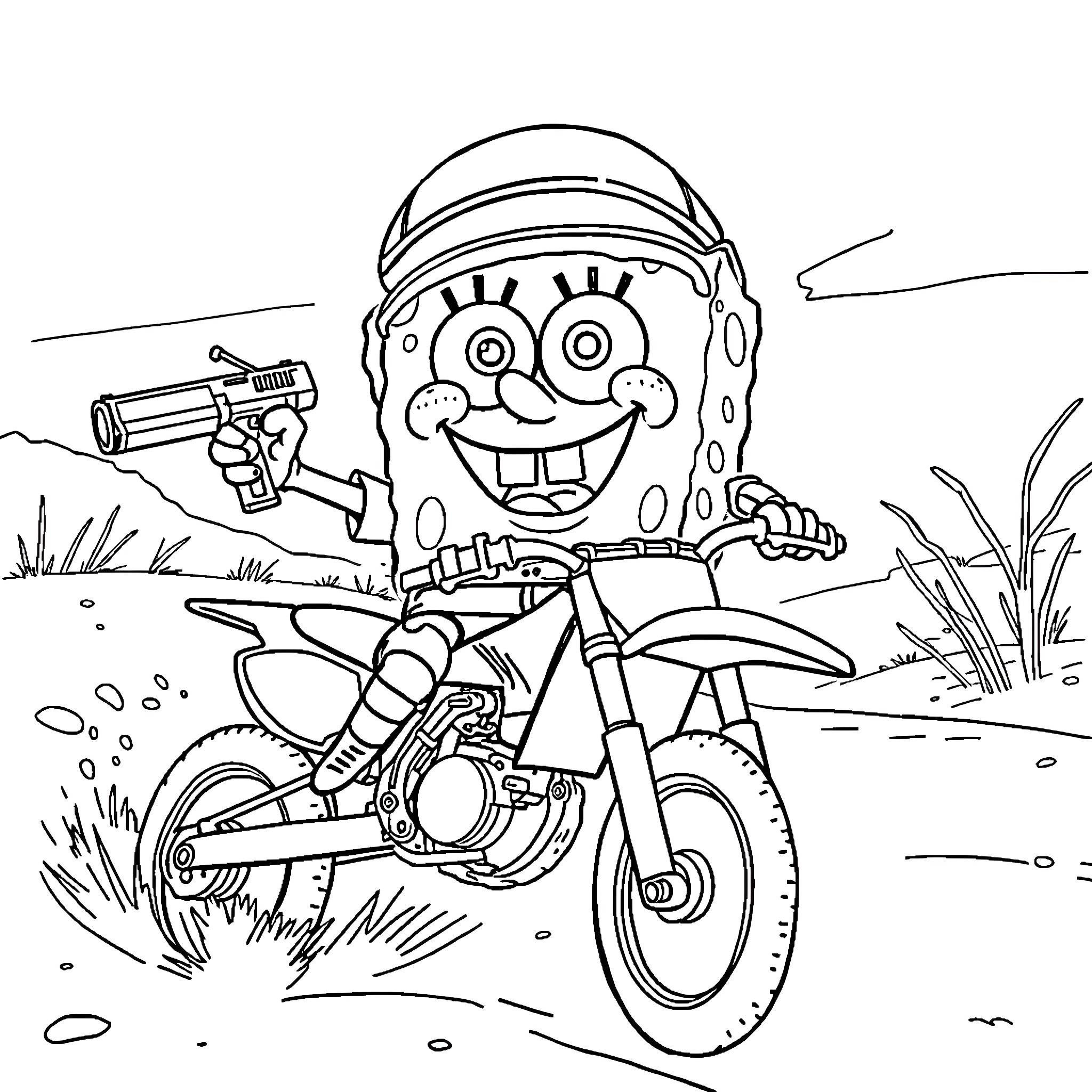 Spongebob riding a motorcycle with a gun Coloring Page (free black-and-white line drawing printable PDF for all, from beginners to advanced learners, including children, teens, adults, and seniors)