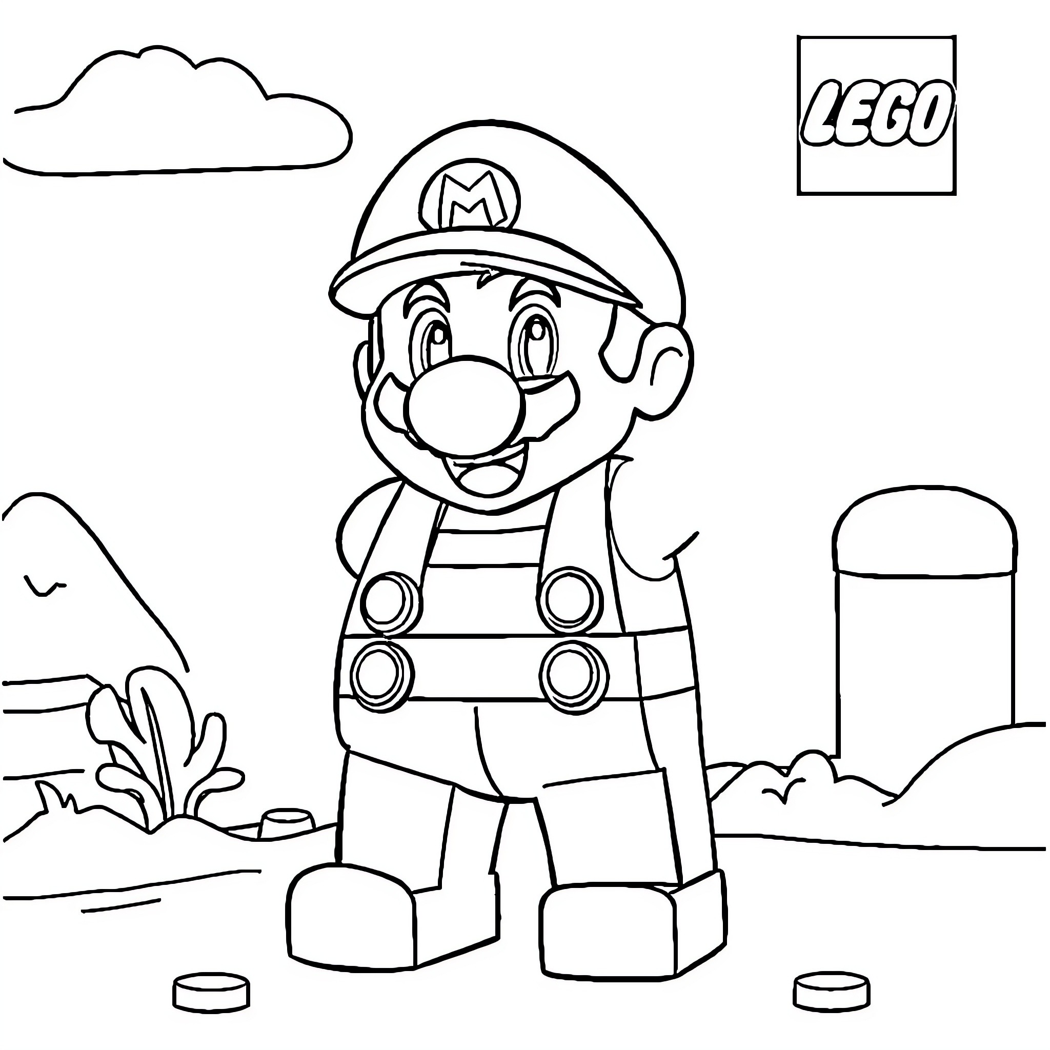 Lego Mario in a playful outdoor scene Coloring Page (free black-and-white line drawing printable PDF for all, from beginners to advanced learners, including children, teens, adults, and seniors)
